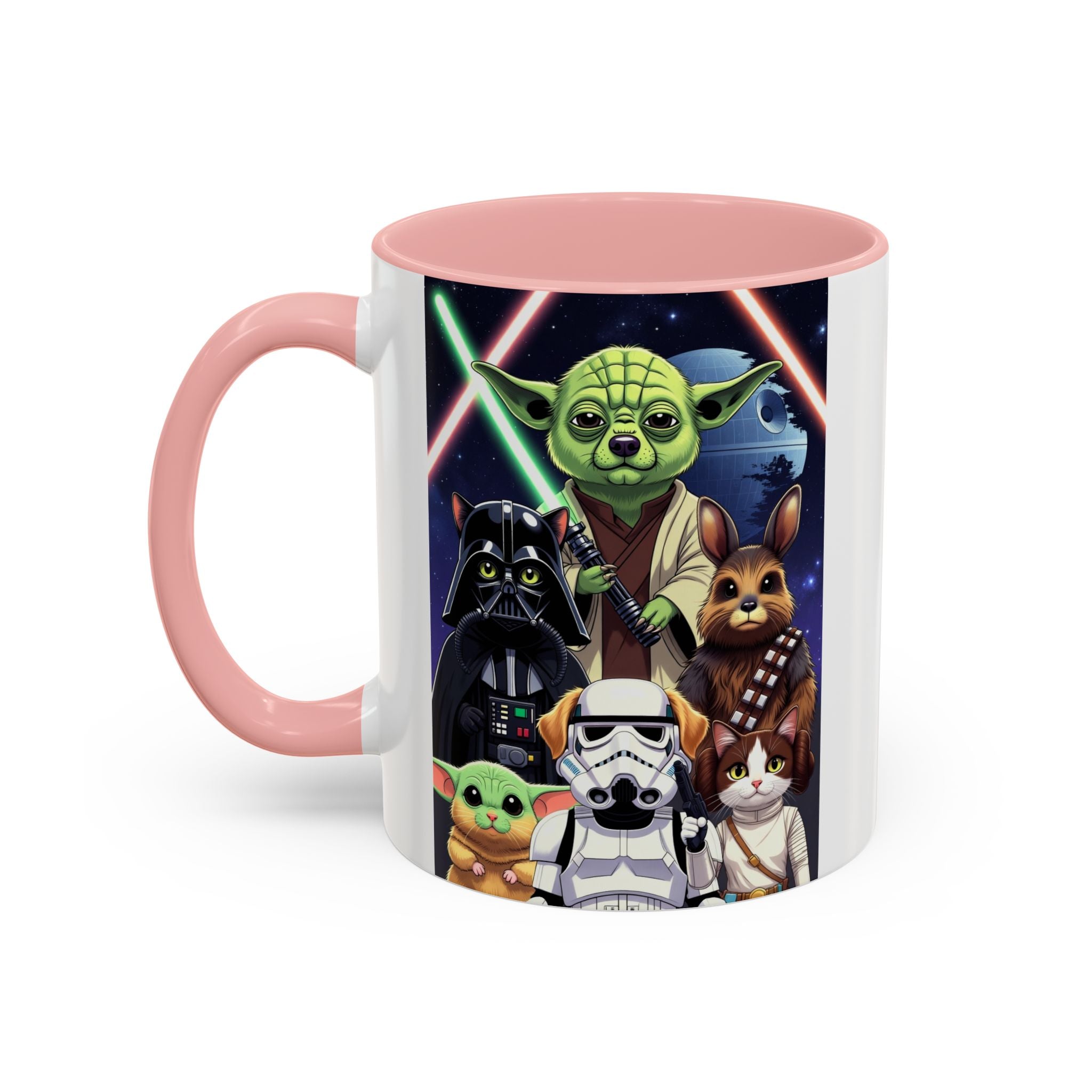 Star Wars Pets coffee mug featuring cartoon cats and dogs with lightsabers against a galaxy background.