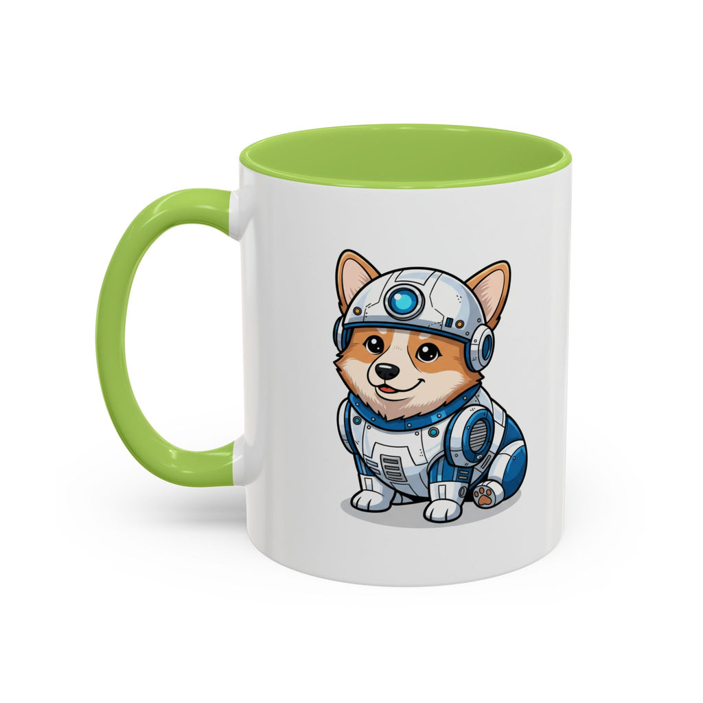 Corgi R2-D2 coffee mug with a green handle, featuring a cartoon corgi dressed as R2-D2 on a white background.