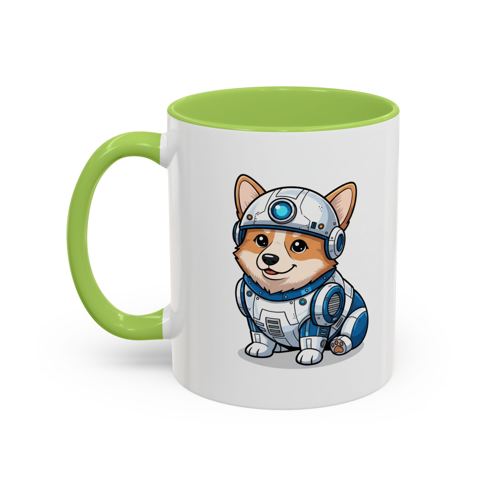 Corgi R2-D2 coffee mug with a green handle, featuring a cartoon corgi dressed as R2-D2 on a white background.