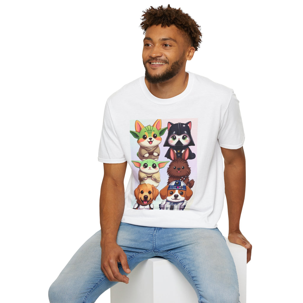 Pawsitive Force T-shirt featuring cartoon pets styled as Star Wars characters on a white background.