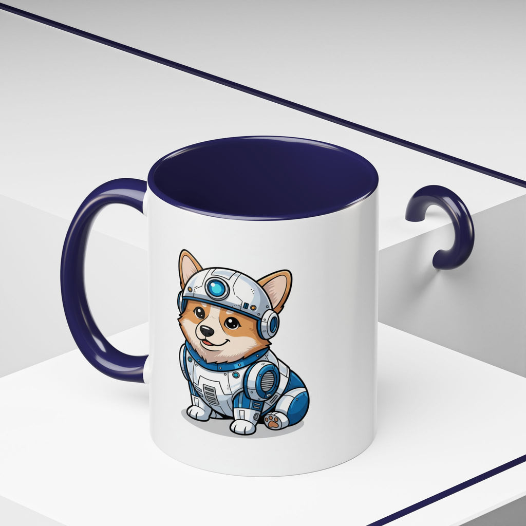 Corgi R2-D2 coffee mug with a blue interior, featuring a cartoon corgi in a robot outfit.