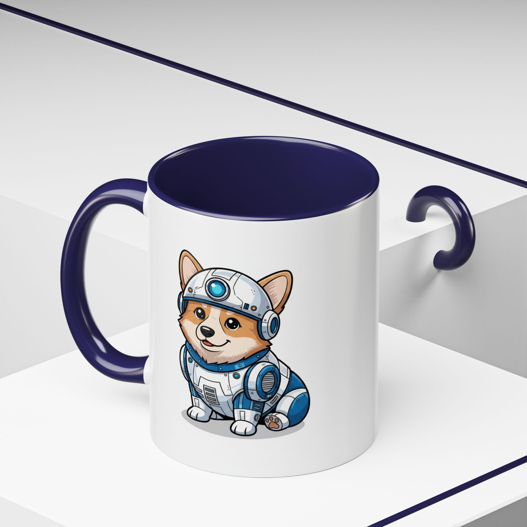 Corgi R2-D2 coffee mug with a blue interior, featuring a cartoon corgi in a robot outfit.