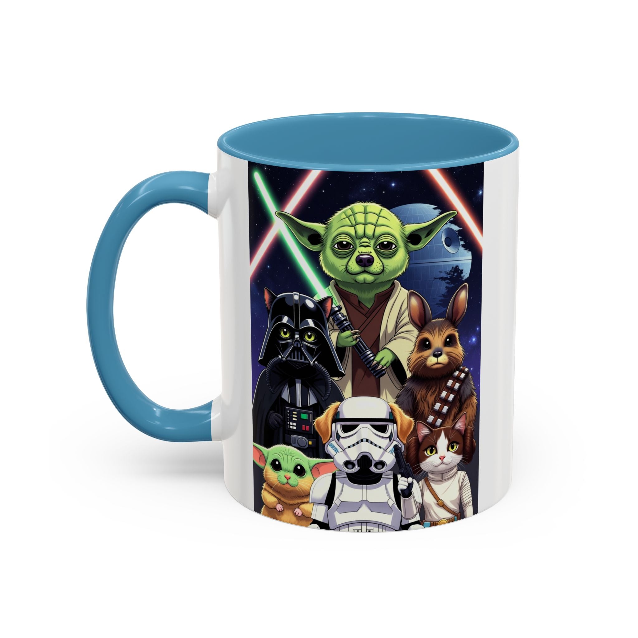 Star Wars Pets coffee mug featuring cartoon cats and dogs in galaxy design with Yoda, Darth Vader, and a stormtrooper.