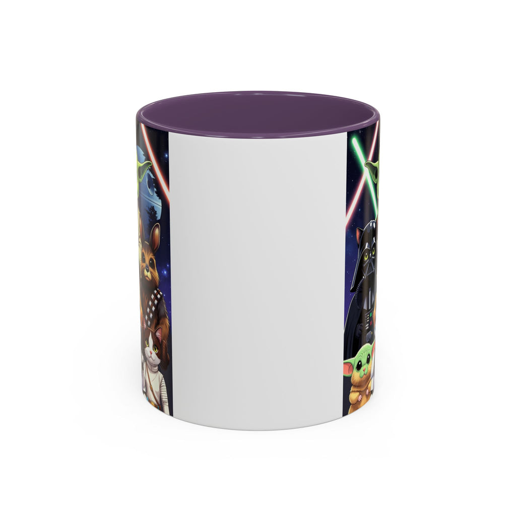 Star Wars Pets coffee mug featuring cats and dogs with galaxy design and lightsabers on a purple rim.
