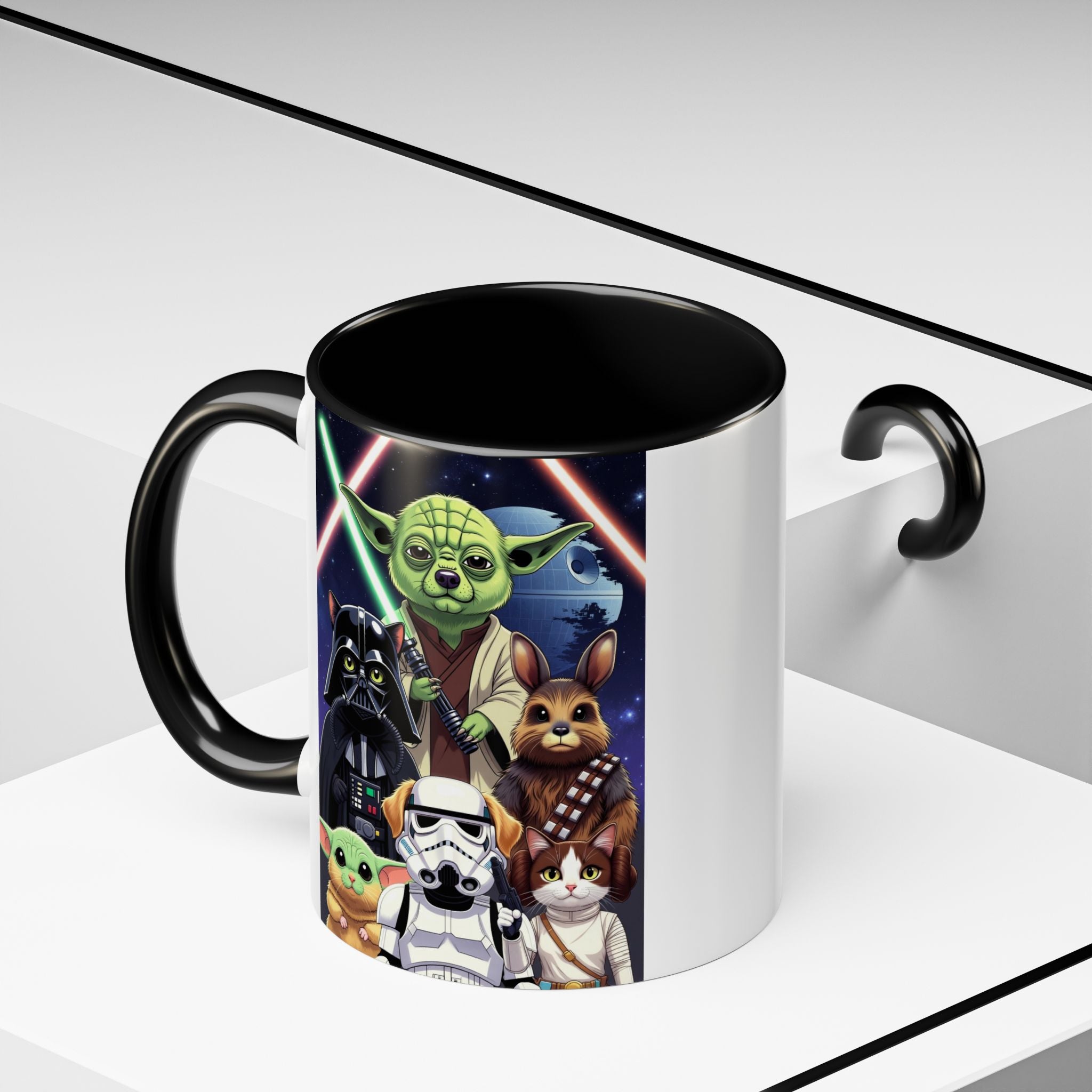 Star Wars Pets coffee mug featuring cartoon cats and dogs with Yoda, Darth Vader, and a galaxy background.