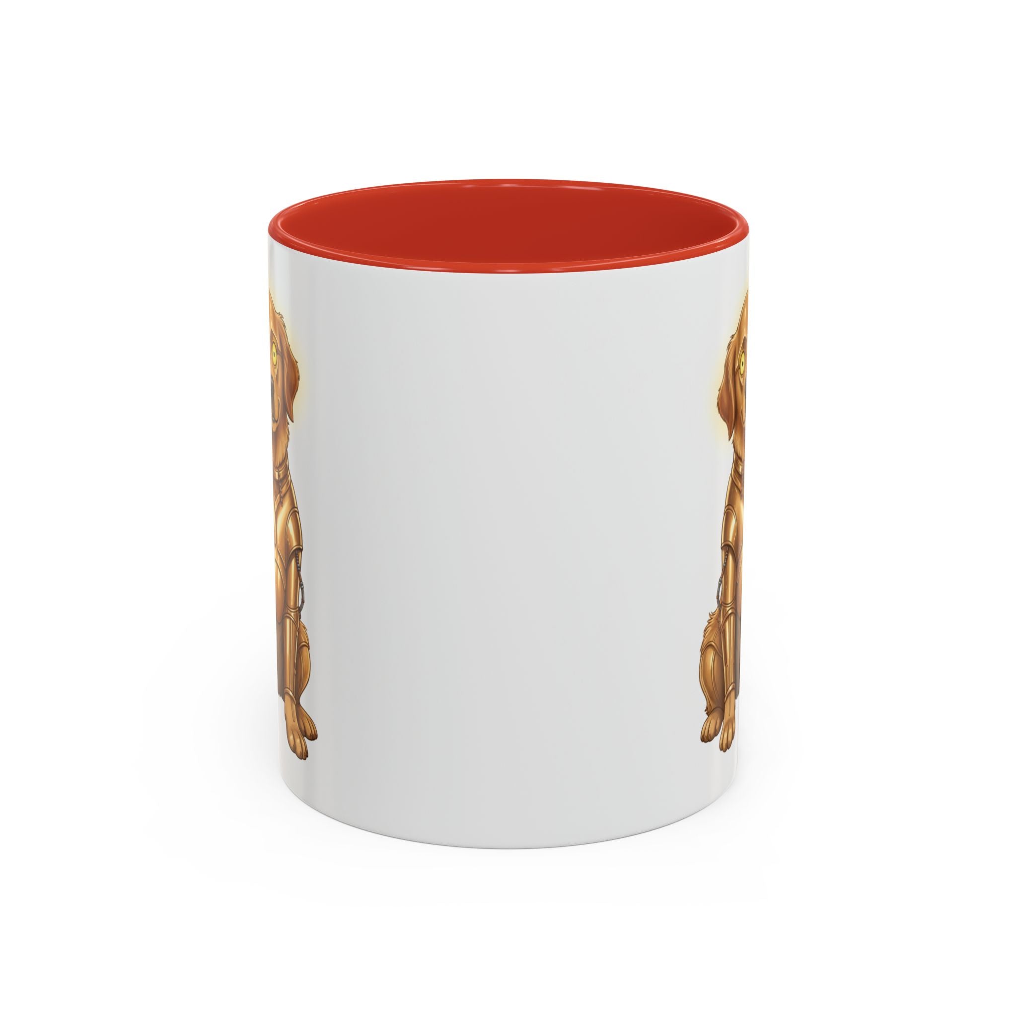 Golden Retriever C-3PO mug with a white exterior and red interior, featuring a golden retriever in a C-3PO costume.