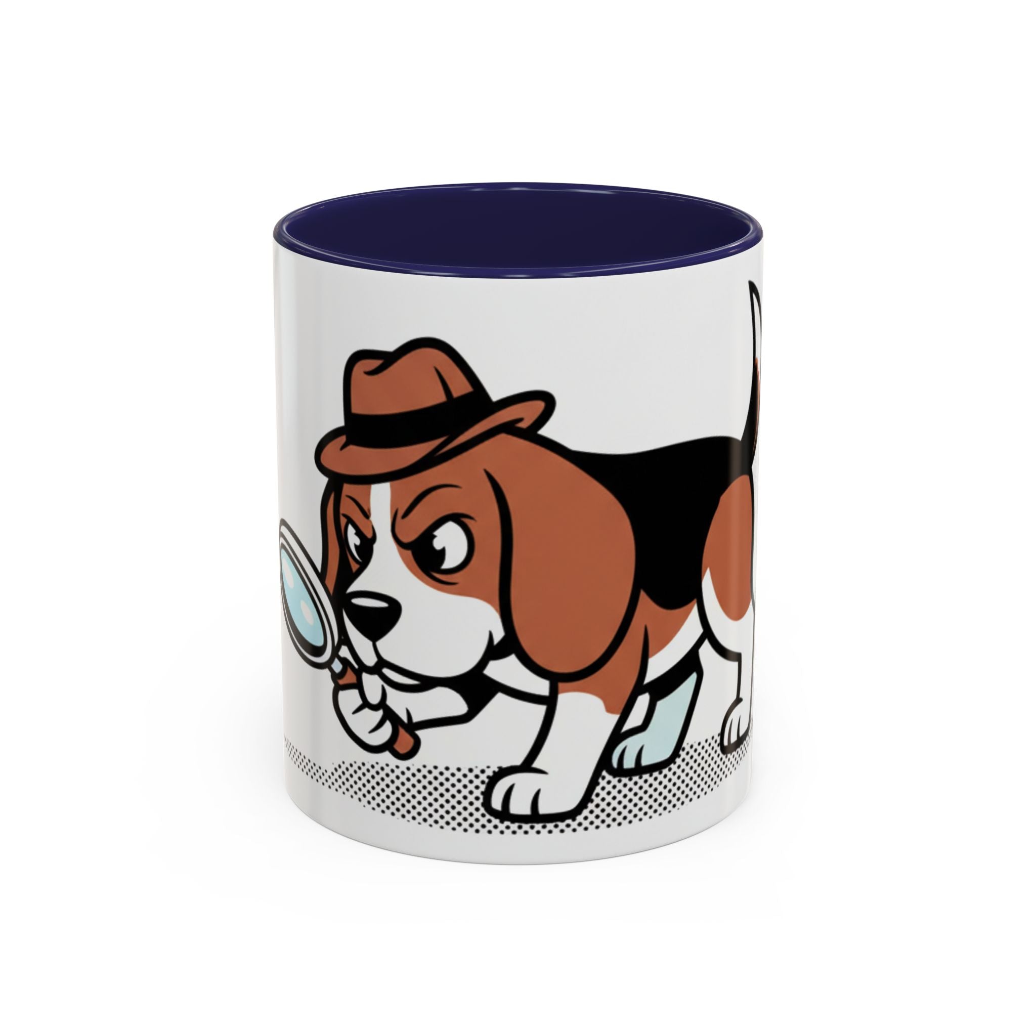Detective Beagle mug featuring a cartoon beagle with a magnifying glass and a brown hat, with a blue interior.