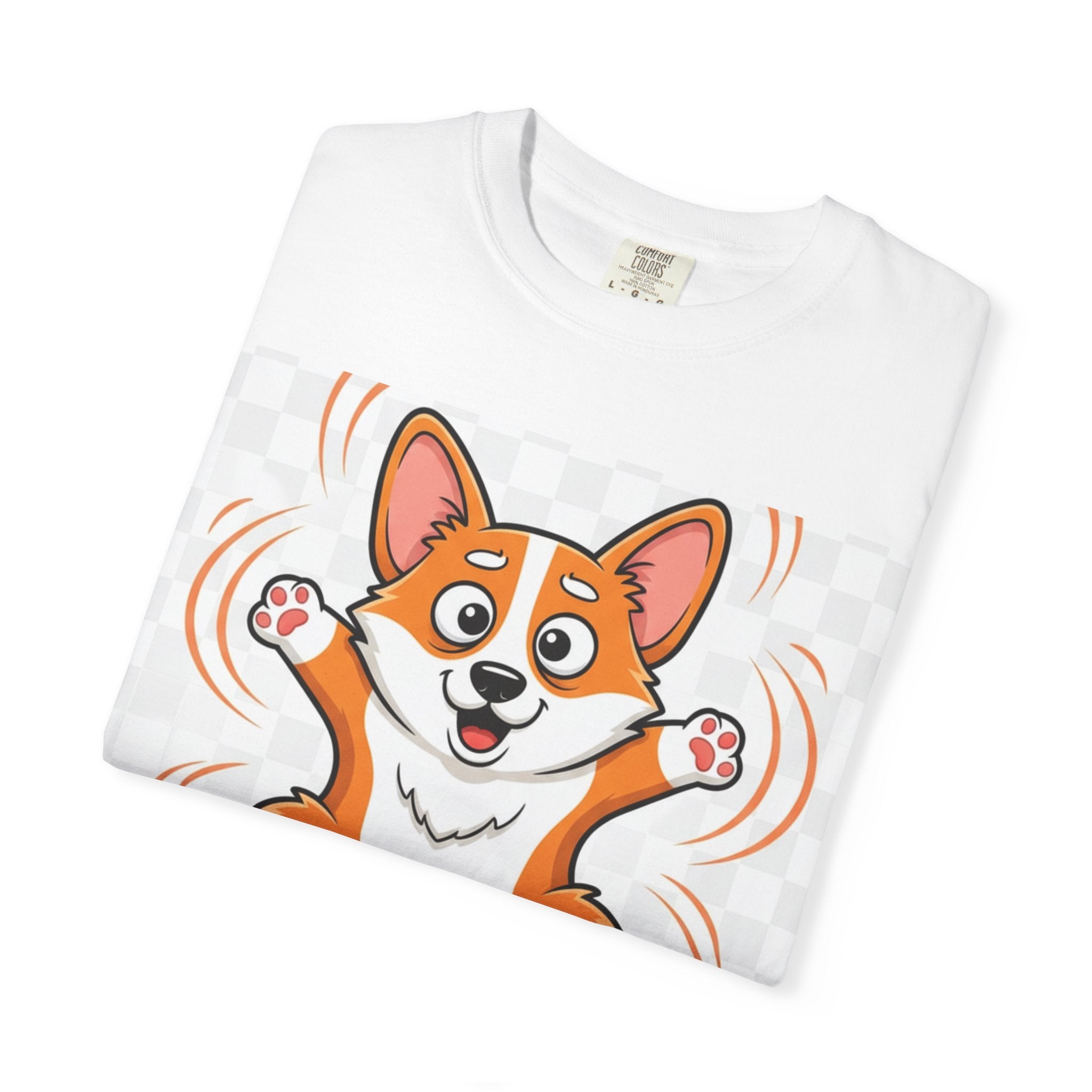 Corgi Jumping on Couch T-Shirt – Cute Dog Graphic Tee for Pet Lovers