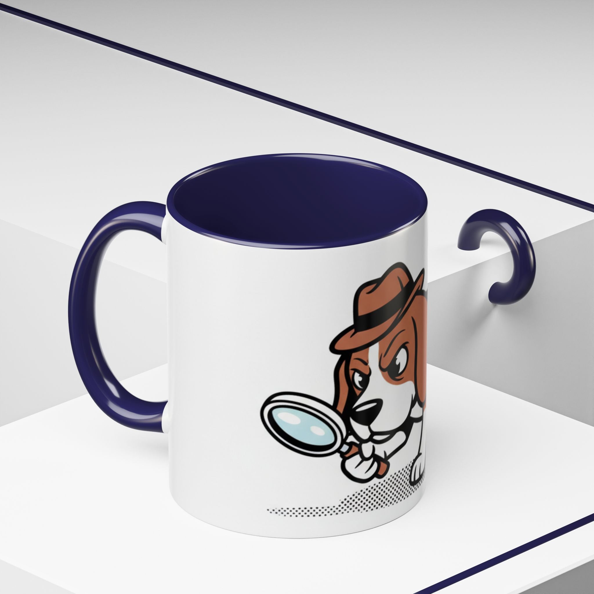 Detective Beagle mug featuring a cartoon dog with a magnifying glass, navy blue handle and interior.