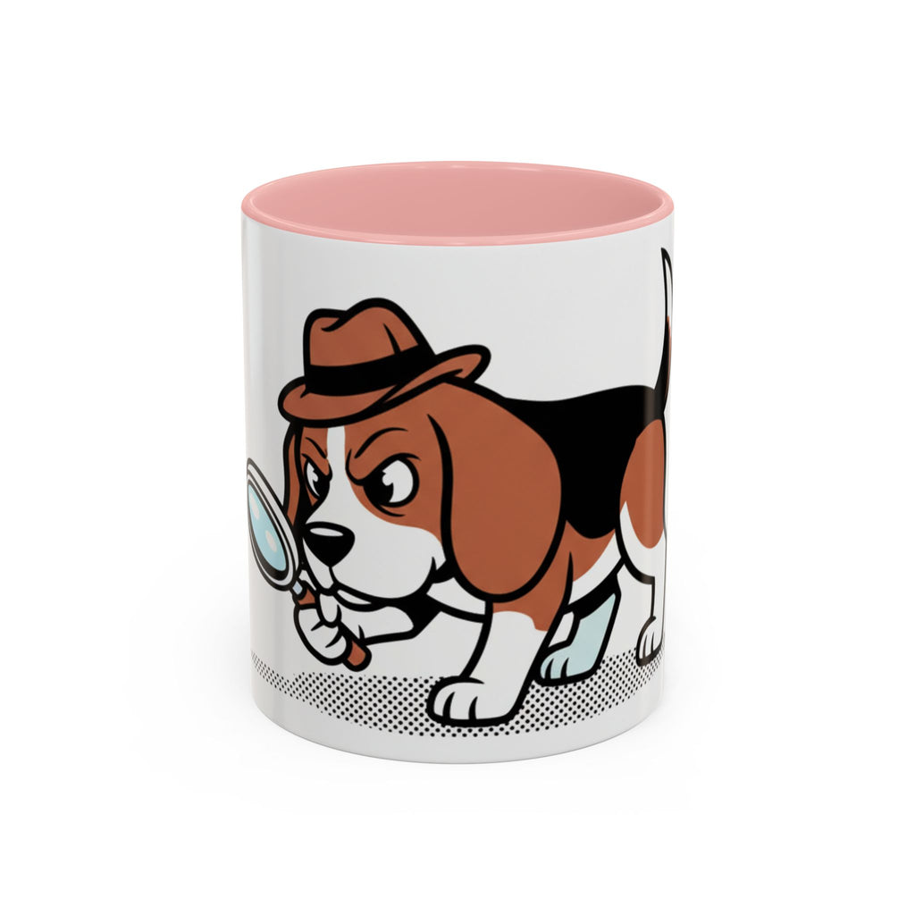 Detective Beagle mug featuring a cartoon beagle with a magnifying glass and a brown hat, pink interior.
