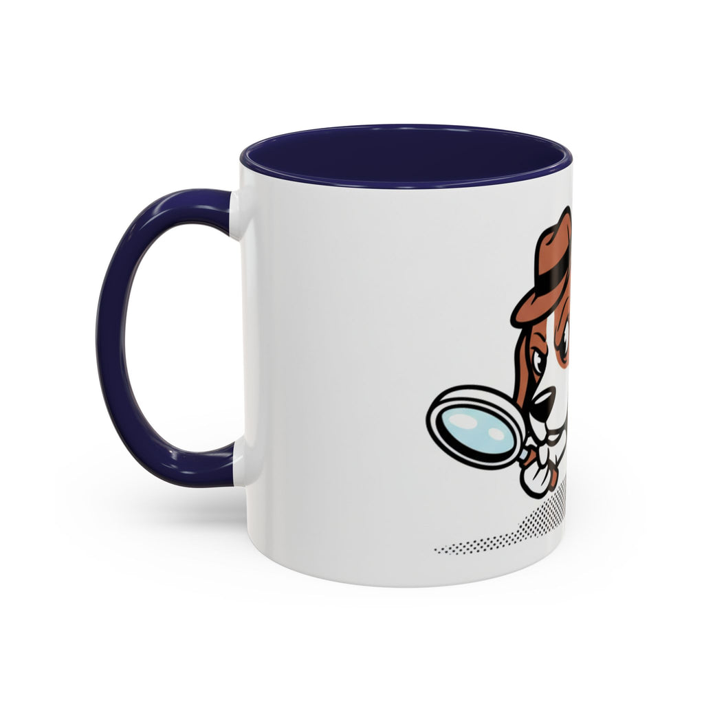 Detective Beagle mug featuring a cartoon dog with a magnifying glass and a brown hat, navy blue handle and interior.