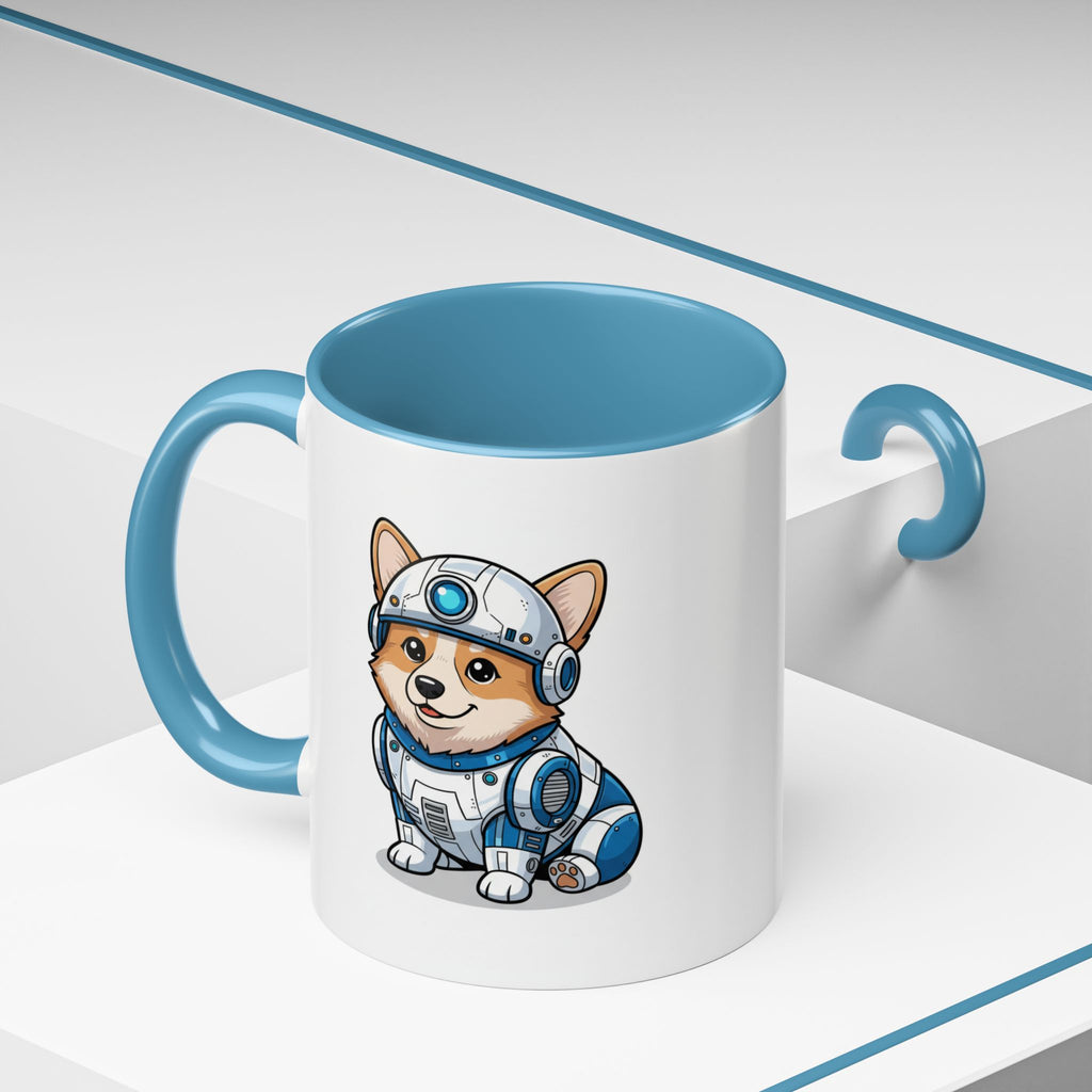 Corgi R2-D2 coffee mug with a blue interior, featuring a cartoon corgi in a robot outfit on a white background.
