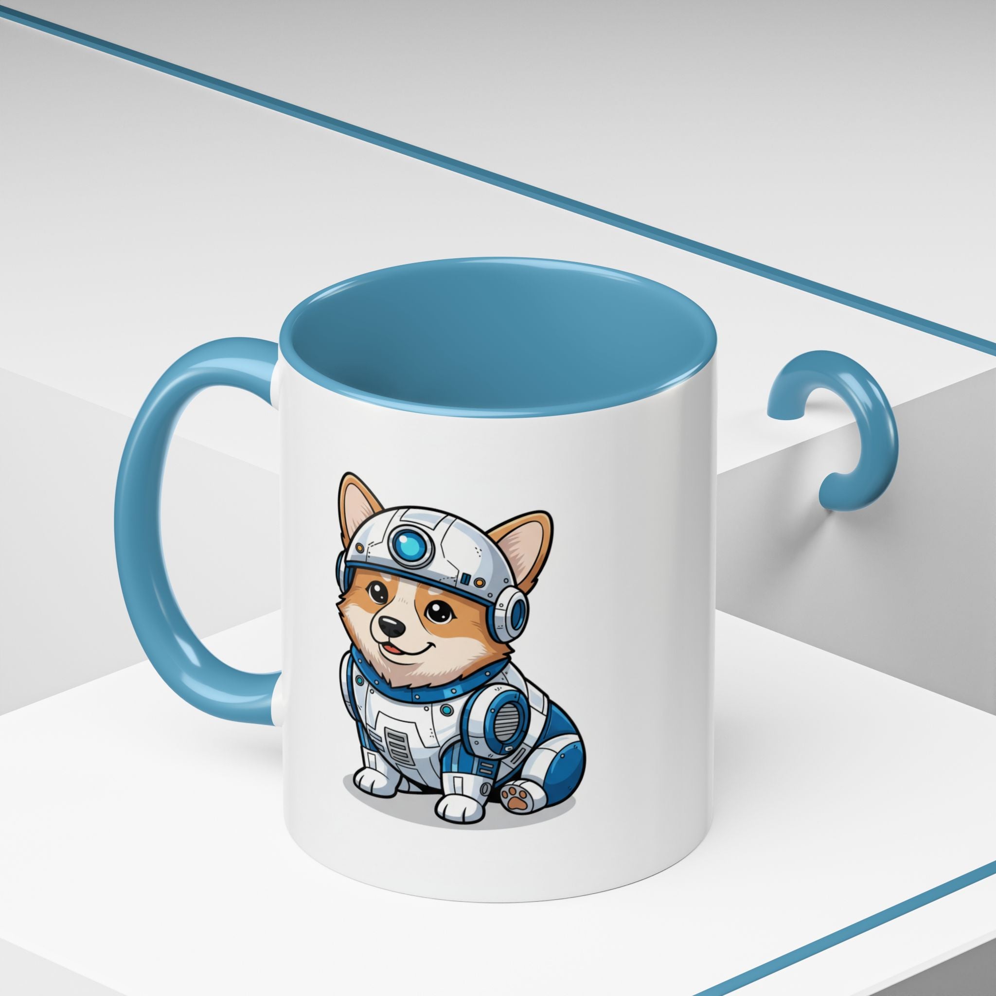 Corgi R2-D2 coffee mug with a blue interior, featuring a cartoon corgi in a robot outfit on a white background.
