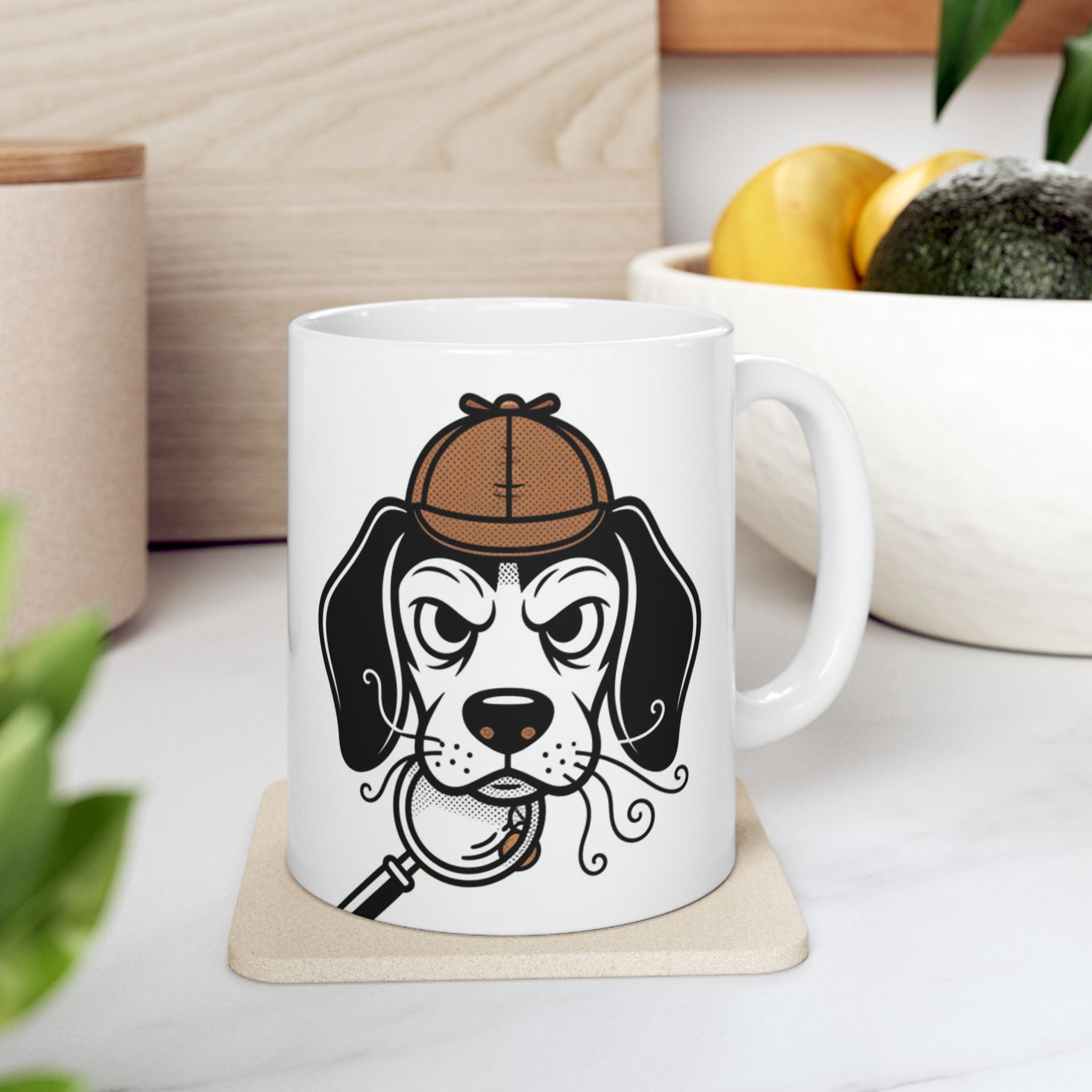 Beagle Detective Ceramic Mug & Tea Cup — Cute Noir Pet Illustration (11oz/15oz)