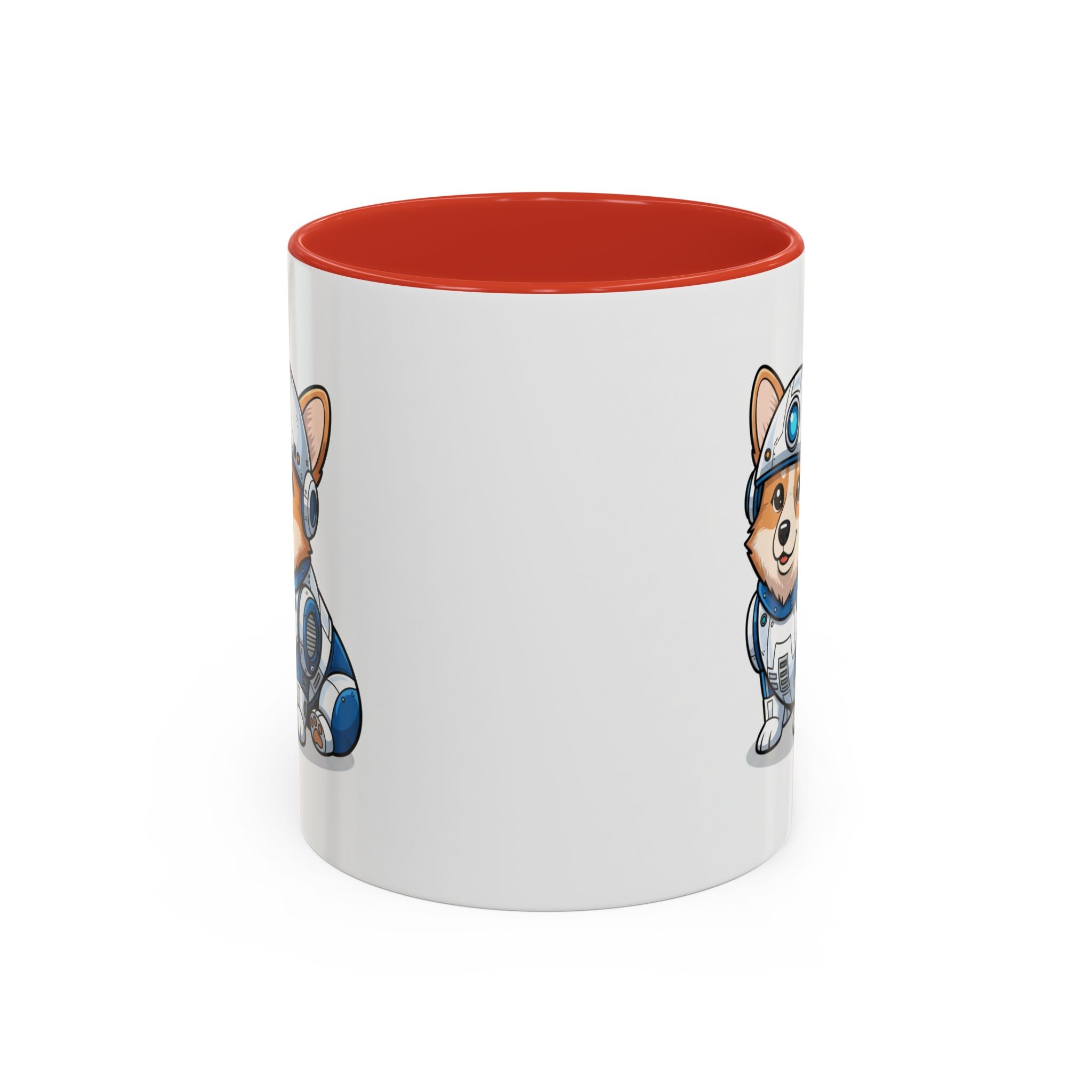 Corgi R2-D2 coffee mug with a red interior, featuring a cartoon corgi in a droid costume on one side.