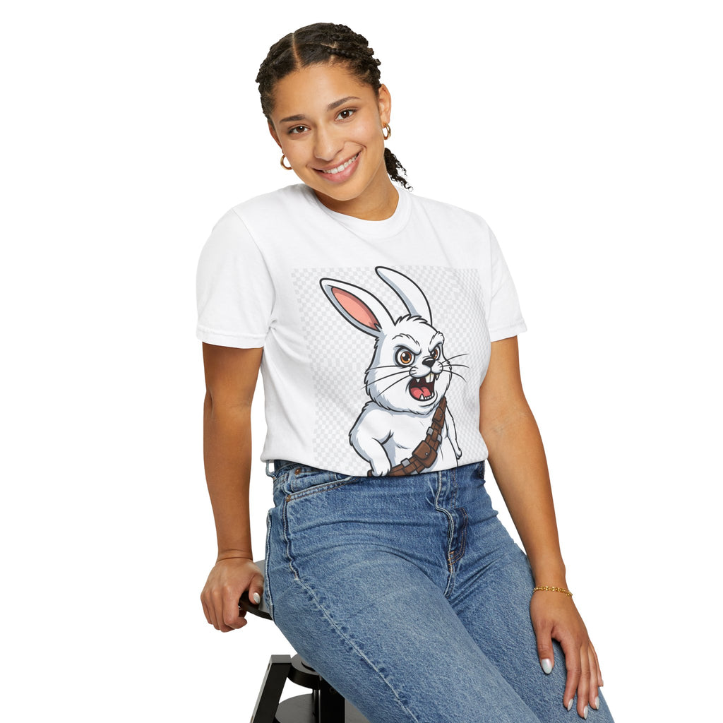 White T-shirt featuring a cartoon rabbit with Chewbacca's bandolier, set against a plain background.
