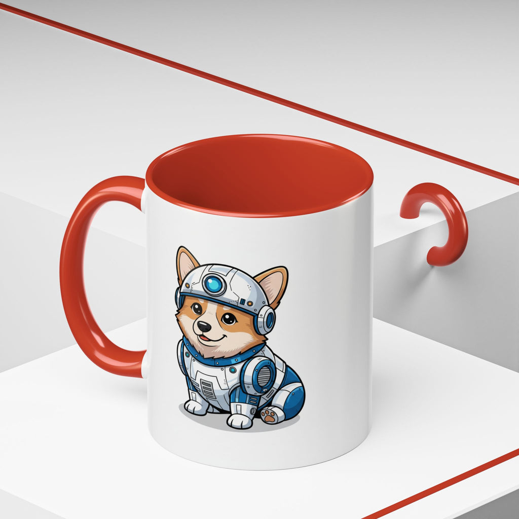 Corgi R2-D2 coffee mug with a red handle, featuring a cartoon corgi in a blue and white droid outfit.