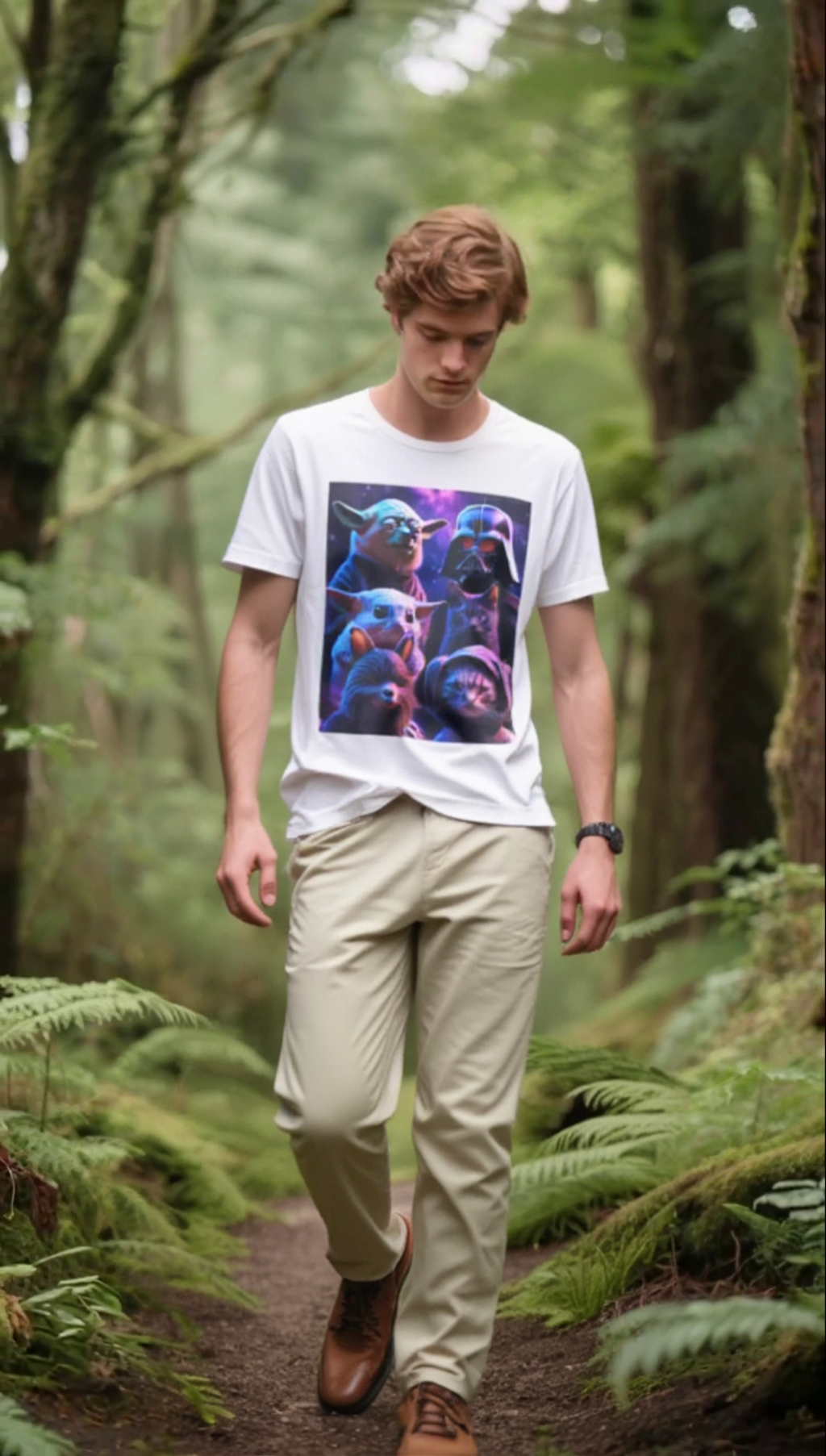 Pawsitive Force T-shirt featuring a colorful cat and dog graphic, worn by a person in a forest setting.