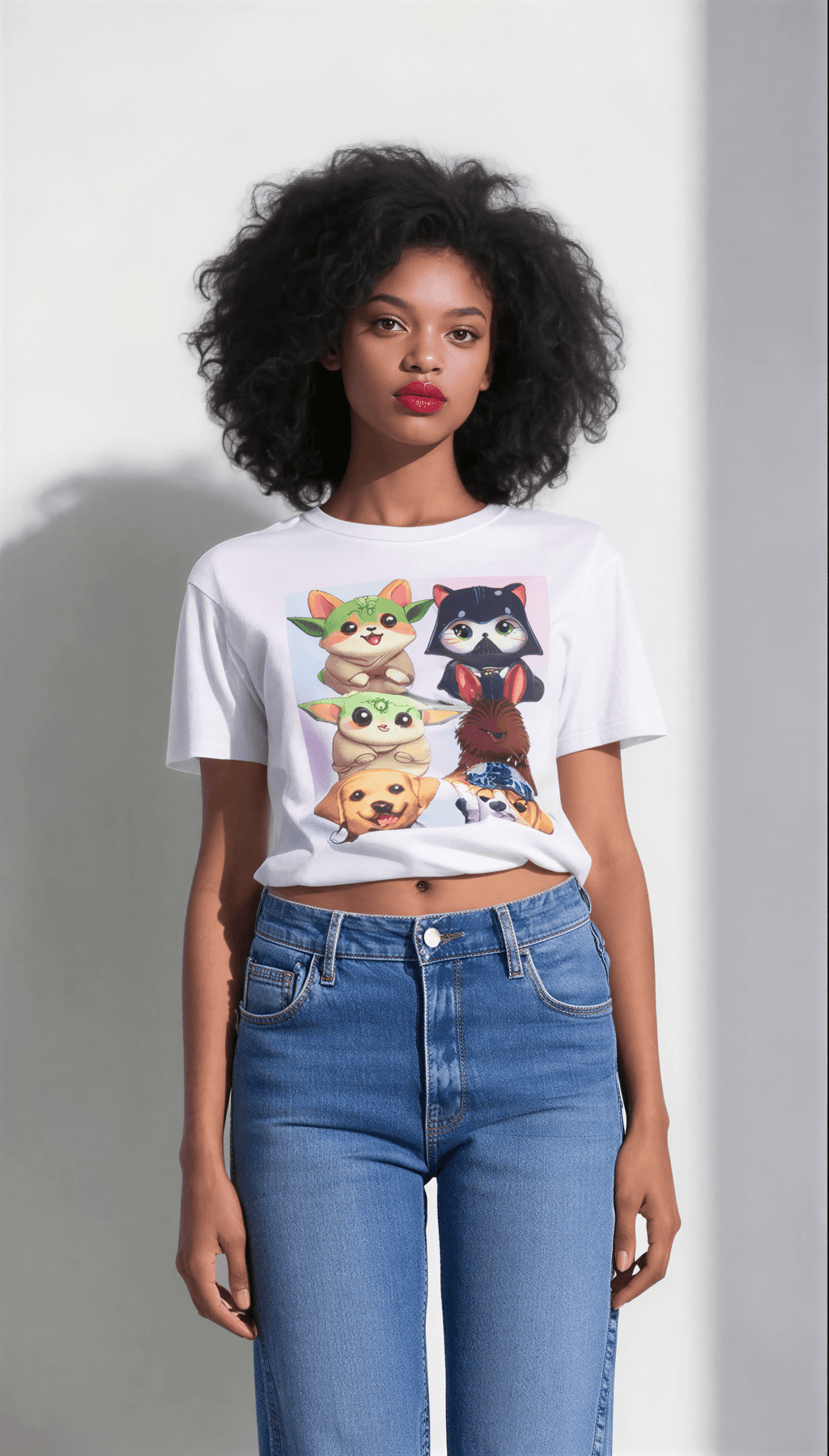 Pawsitive Force T-Shirt featuring cartoon pets in Star Wars costumes on a white background, worn by a model.