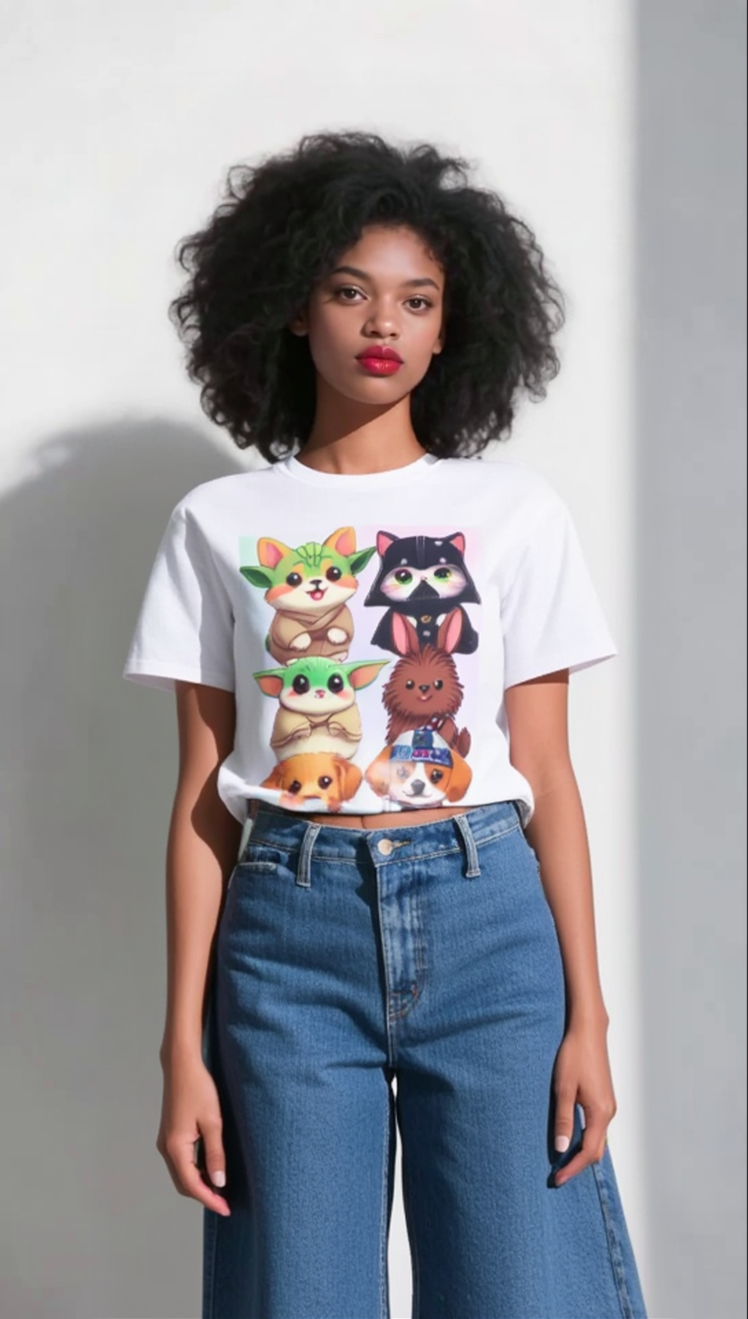 Pawsitive Force T-shirt featuring cartoon pets in Star Wars costumes, displayed on a model with curly hair.