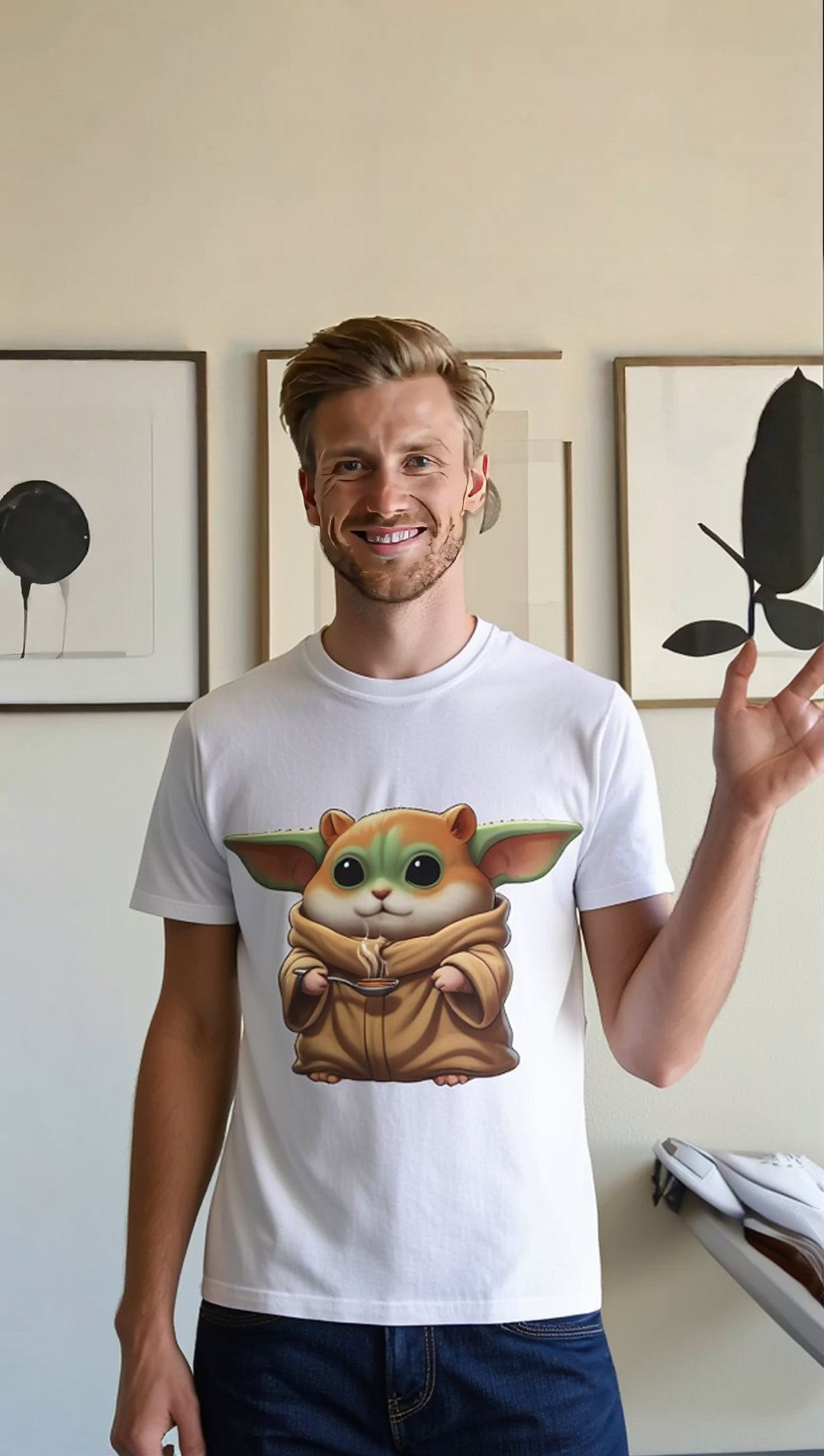 Cute Space Hamster T-shirt featuring a cartoon hamster in a robe, worn by a smiling man against a minimalist background.