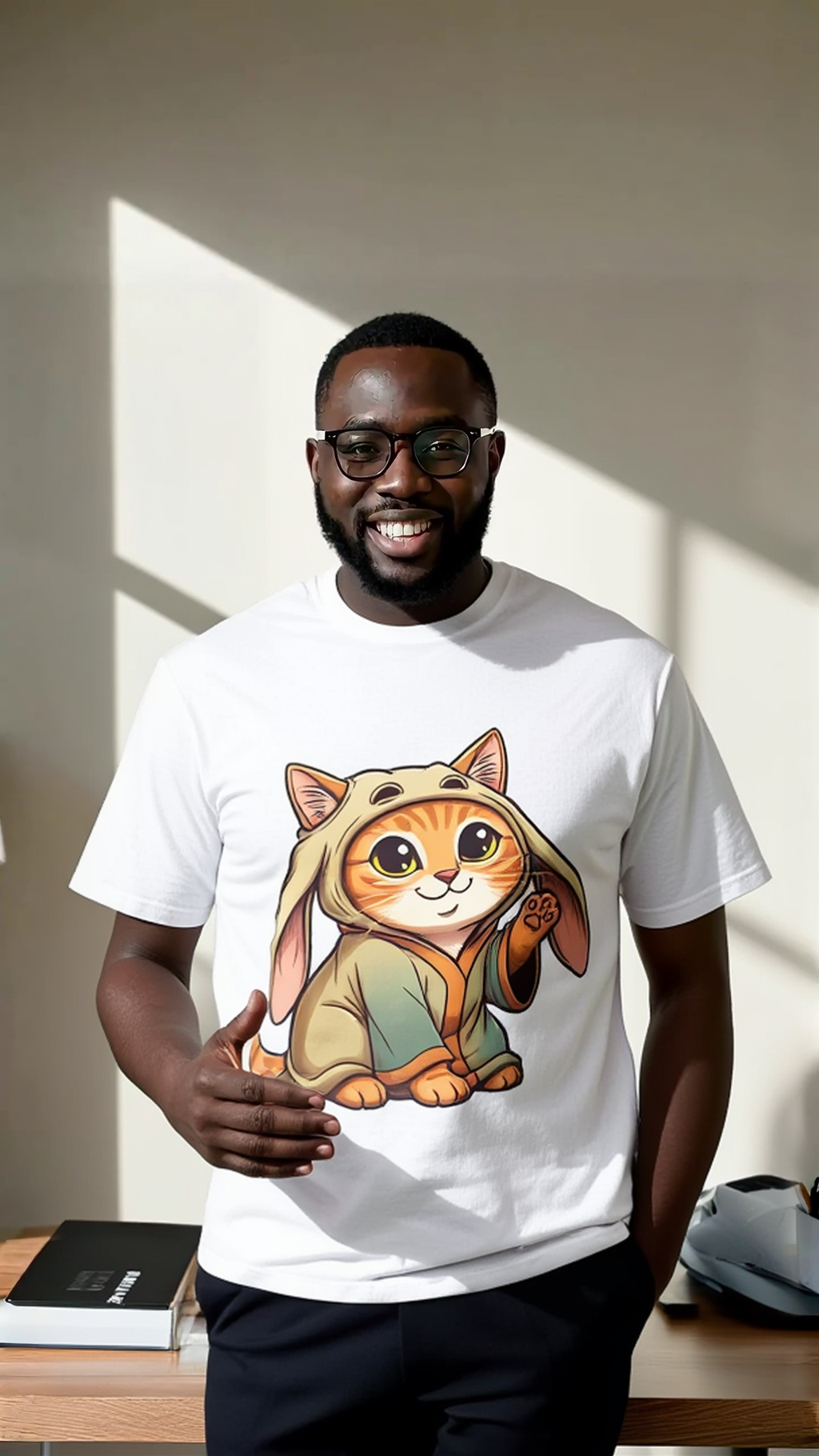 Orange tabby cat wearing a hooded costume on a white t-shirt, modeled by a smiling man in a bright room.