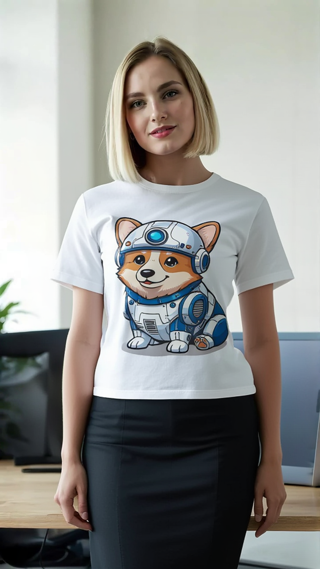 Corgi R2-D2 T-shirt featuring a cute cartoon corgi in a droid outfit, displayed on a model in a modern office setting.