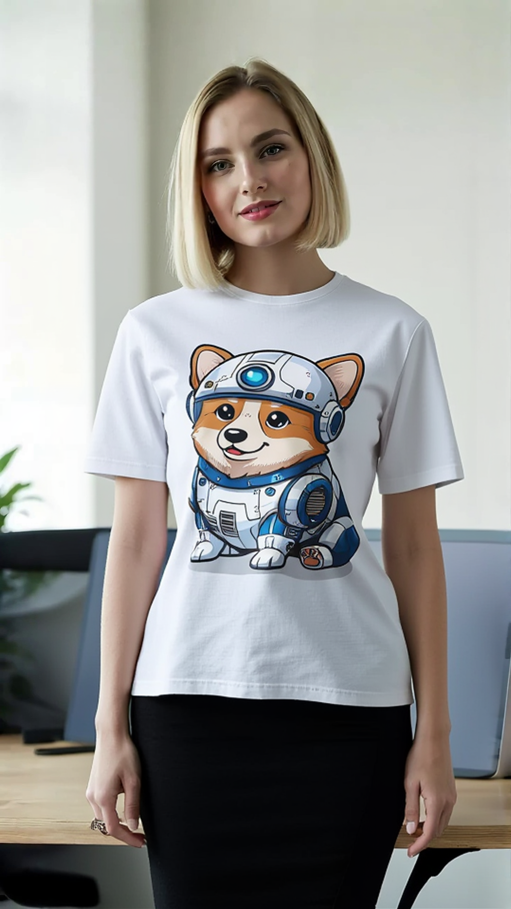 Corgi R2-D2 T-shirt featuring a cartoon corgi in a droid outfit, displayed on a model in a modern setting.