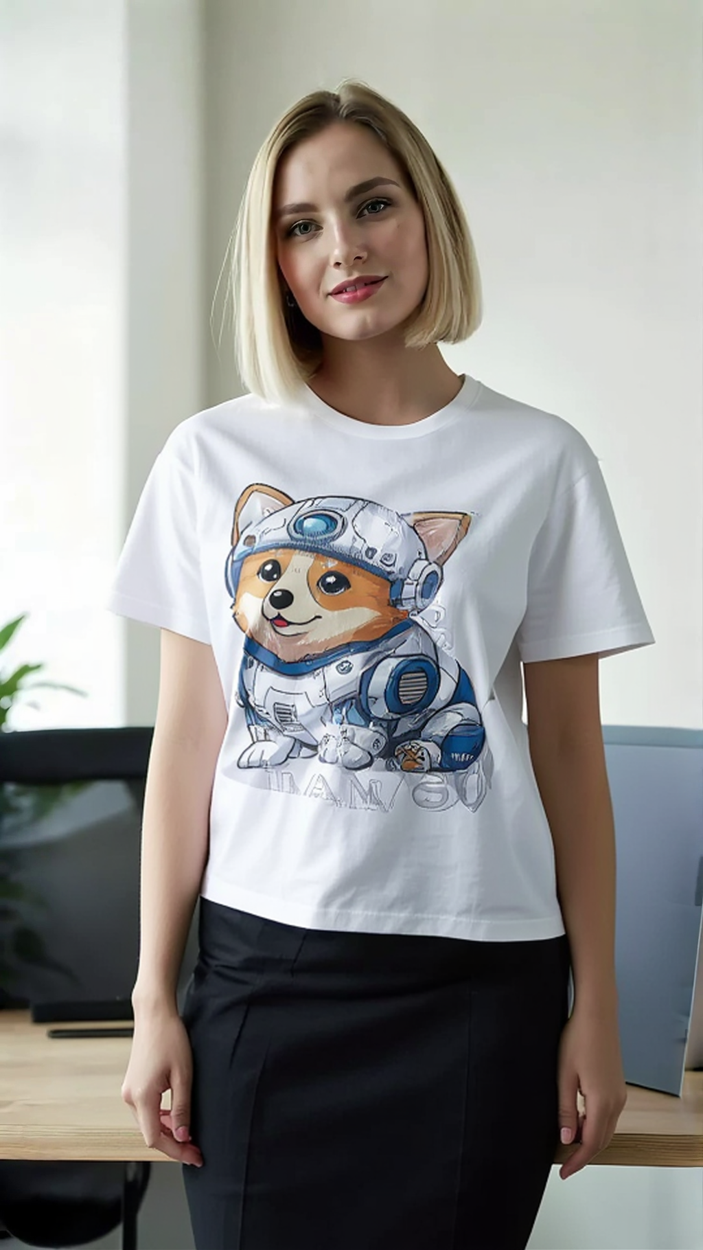 Corgi R2-D2 T-shirt featuring a cute dog in a droid costume, displayed on a model in a casual setting.