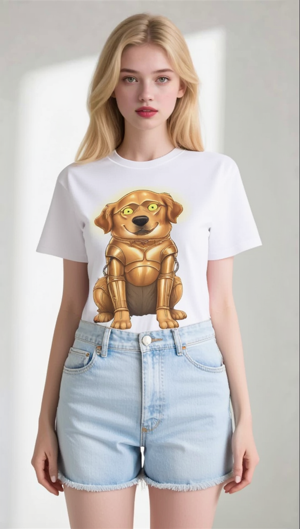 Golden Retriever C-3PO dog t-shirt featuring a cartoon dog in a gold droid design, worn by a model with shorts.