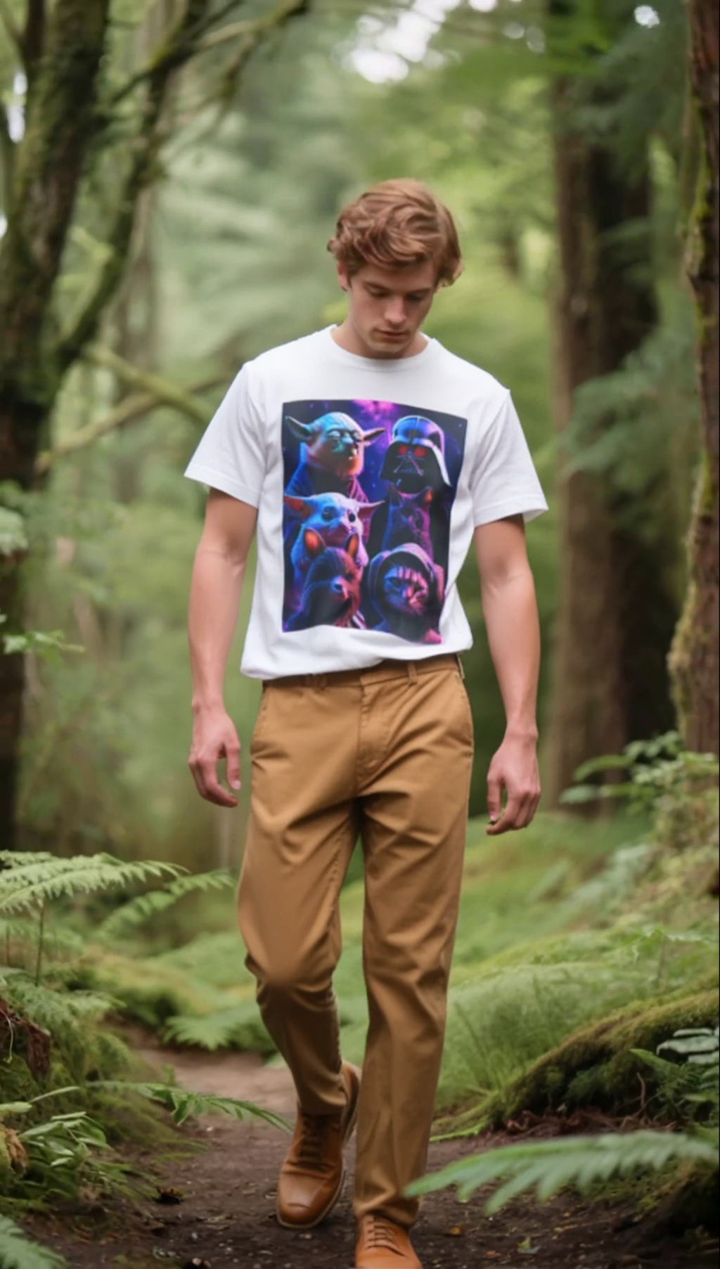 Pawsitive Force T-shirt featuring a colorful cat and dog graphic, worn by a model in a forest setting.