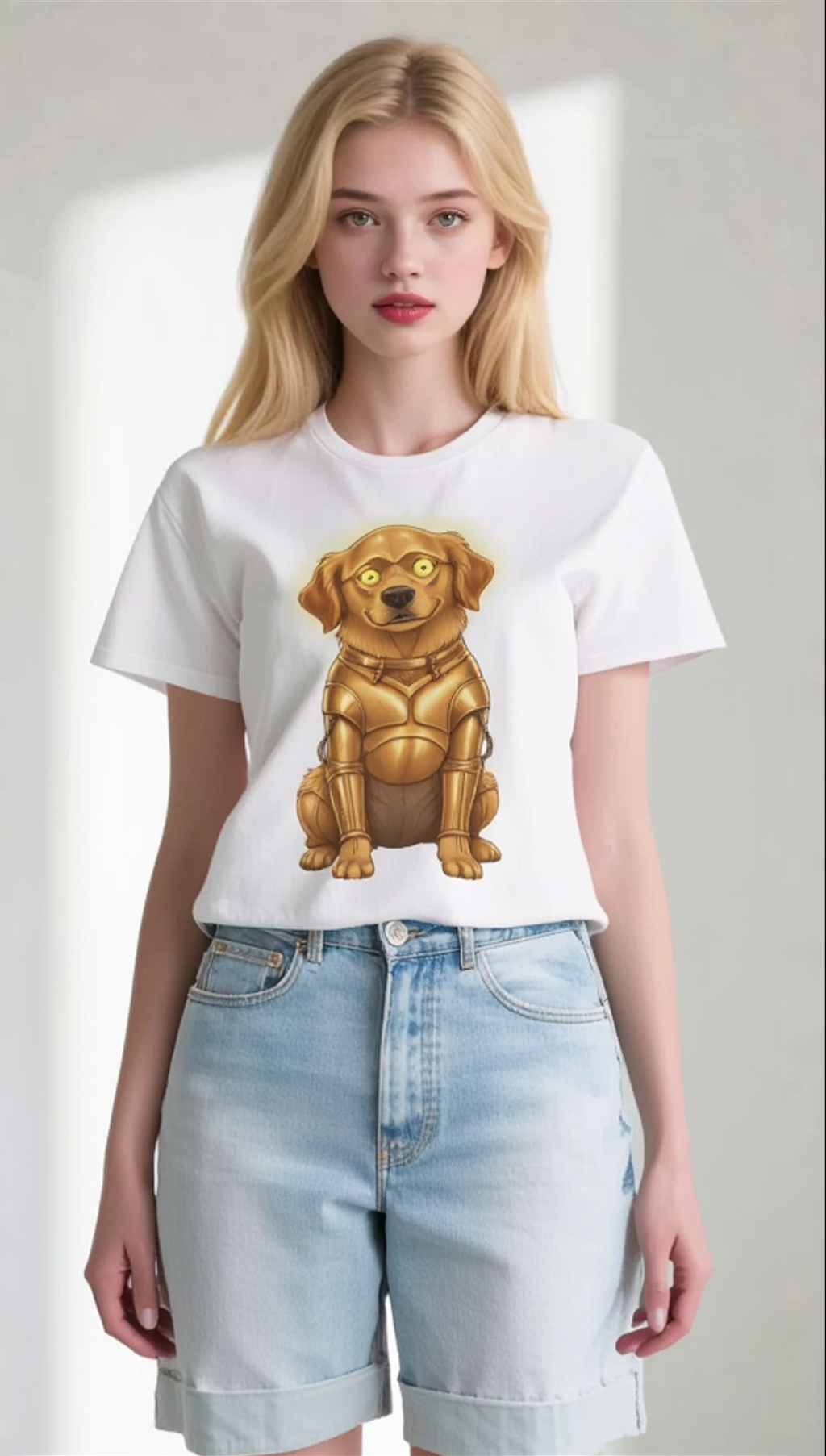 Golden Retriever C-3PO dog t-shirt displayed on a model, featuring a cartoon dog in a gold droid costume on a white tee.
