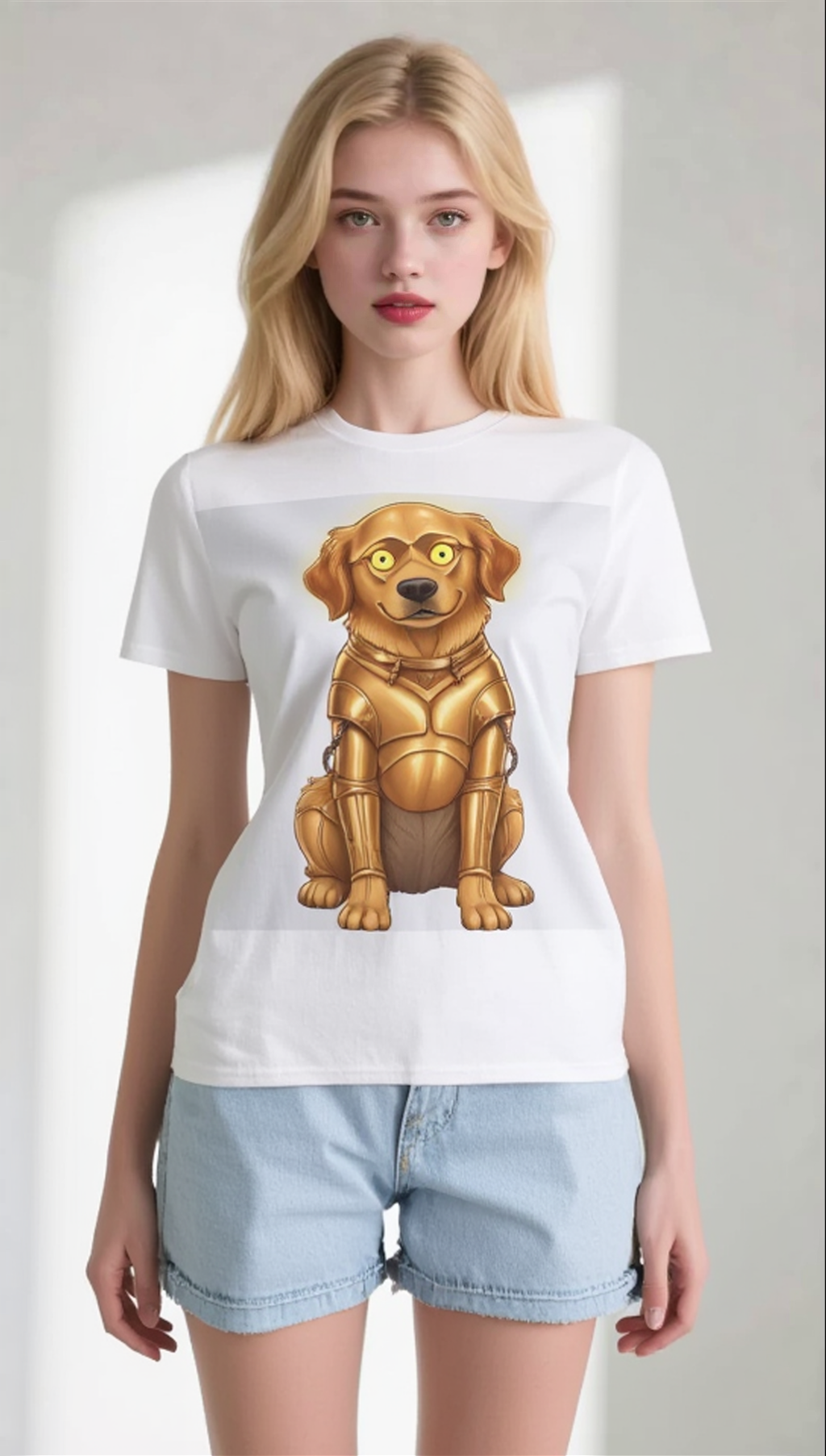 White t-shirt featuring a golden retriever designed as a C-3PO droid, worn by a model with light shorts.