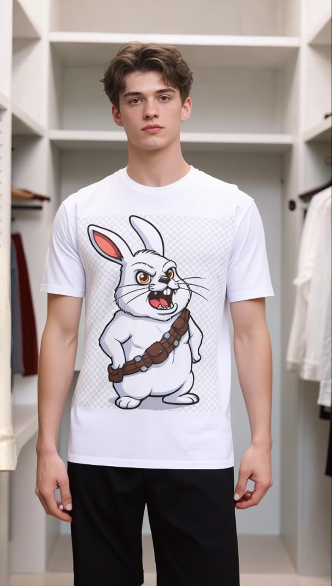 Chewbacca Bunny T-Shirt featuring a cartoon rabbit with a bandolier, displayed on a model in a clothing store.