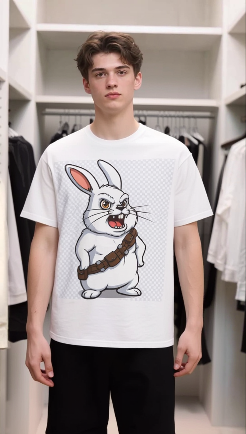 Chewbacca Bunny T-Shirt featuring a cartoon rabbit with a bandolier, displayed on a model in a clothing store.