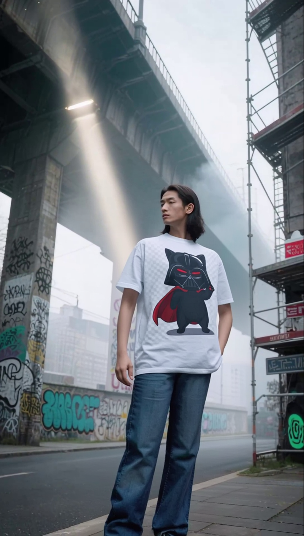 Darth Vader cat graphic t-shirt displayed on a model in an urban setting with graffiti and scaffolding.
