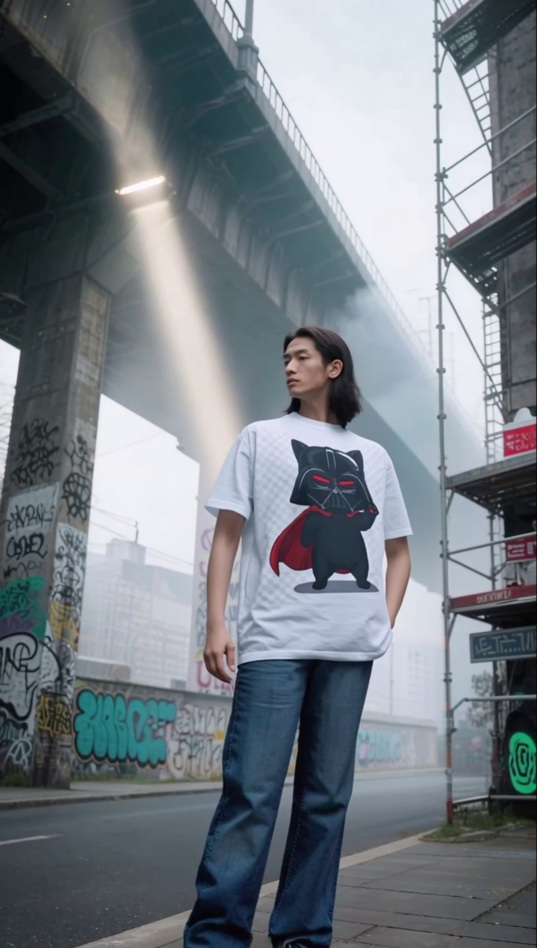 Darth Vader cat graphic t-shirt displayed on a model in an urban setting with graffiti and scaffolding.