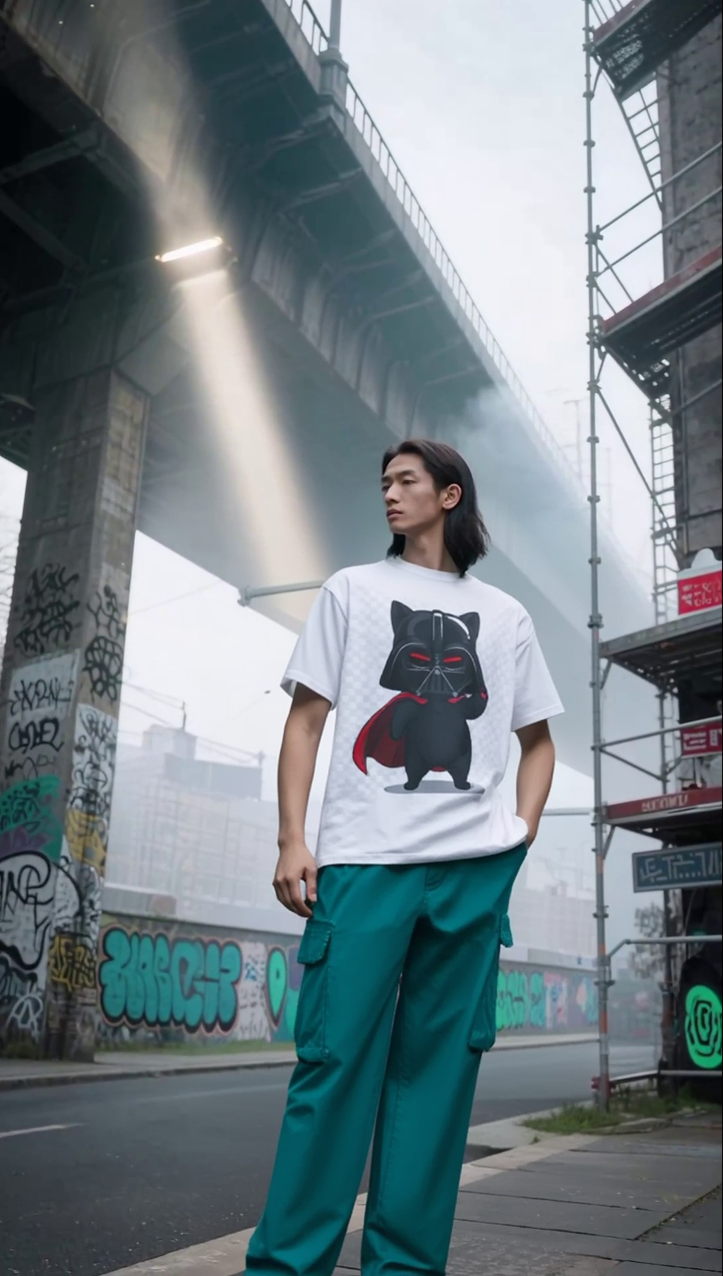 Darth Vader cat graphic t-shirt worn by a model, featuring a black cat in a cape against an urban backdrop.