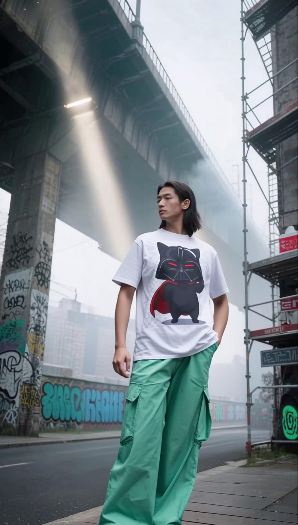 Darth Vader cat graphic t-shirt worn by a model, featuring a black cat with a red lightsaber design.