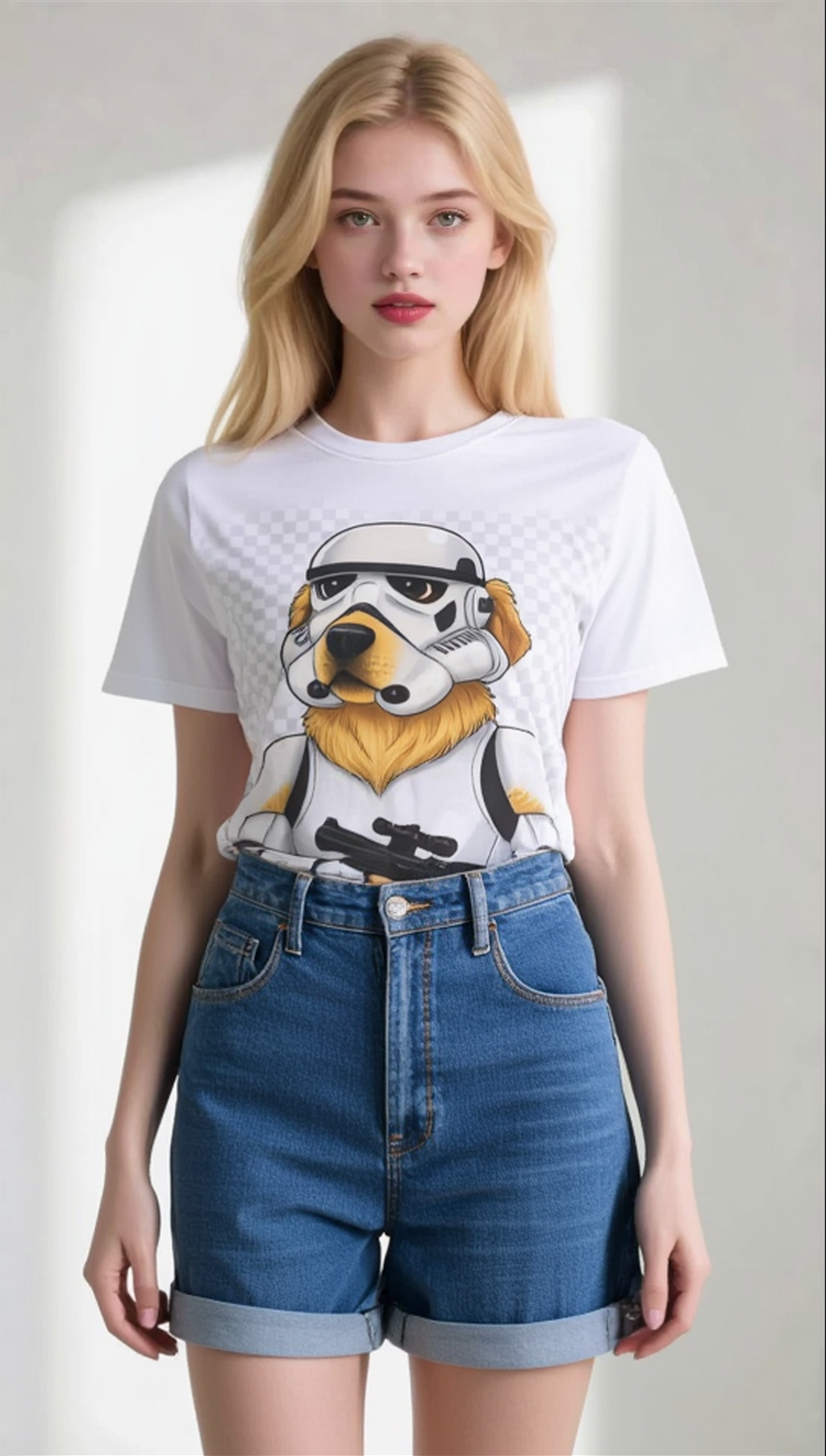 Funny golden retriever wearing a stormtrooper helmet on a white t-shirt, model paired with denim shorts.