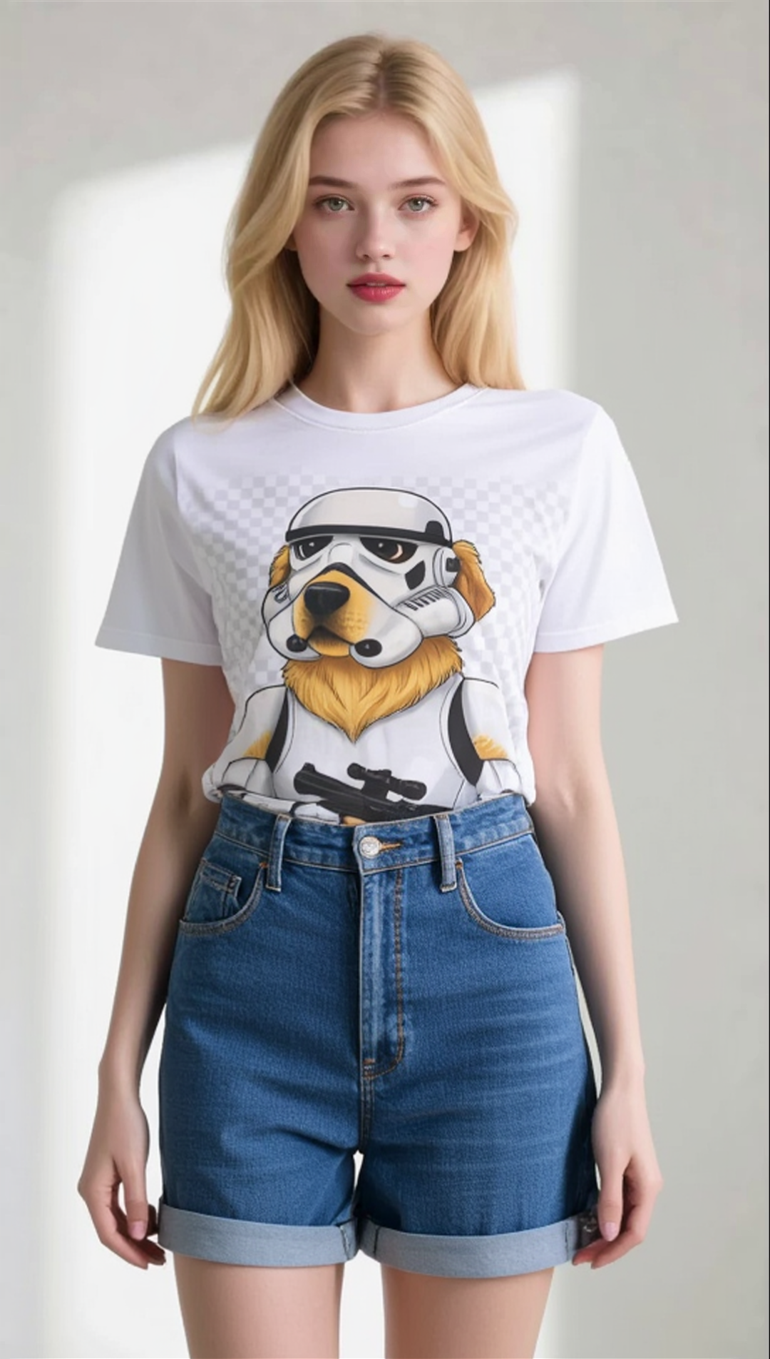 Funny golden retriever wearing a stormtrooper helmet on a white t-shirt, model paired with denim shorts.
