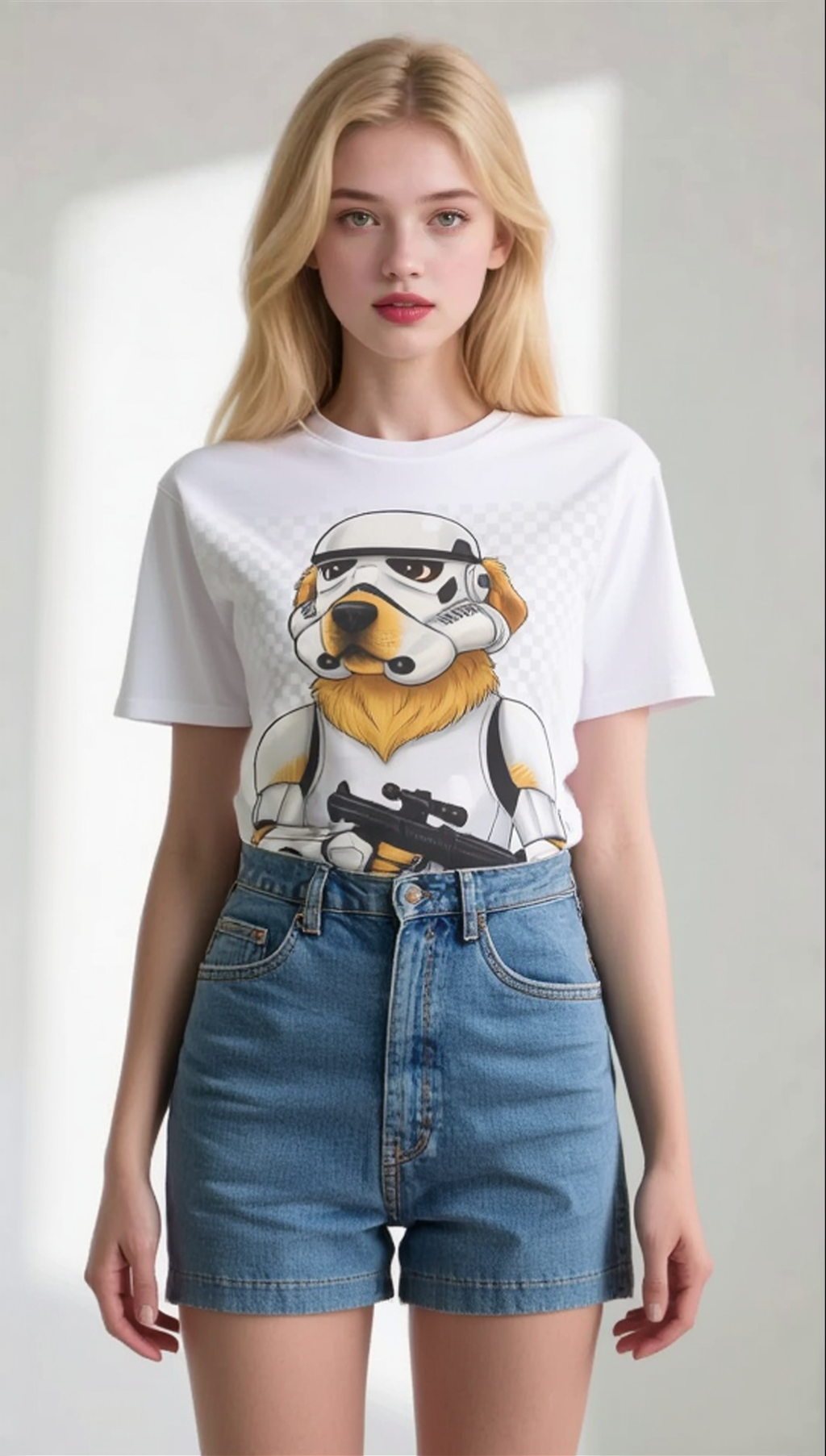 White t-shirt featuring a golden retriever in a stormtrooper costume, worn with high-waisted denim shorts.