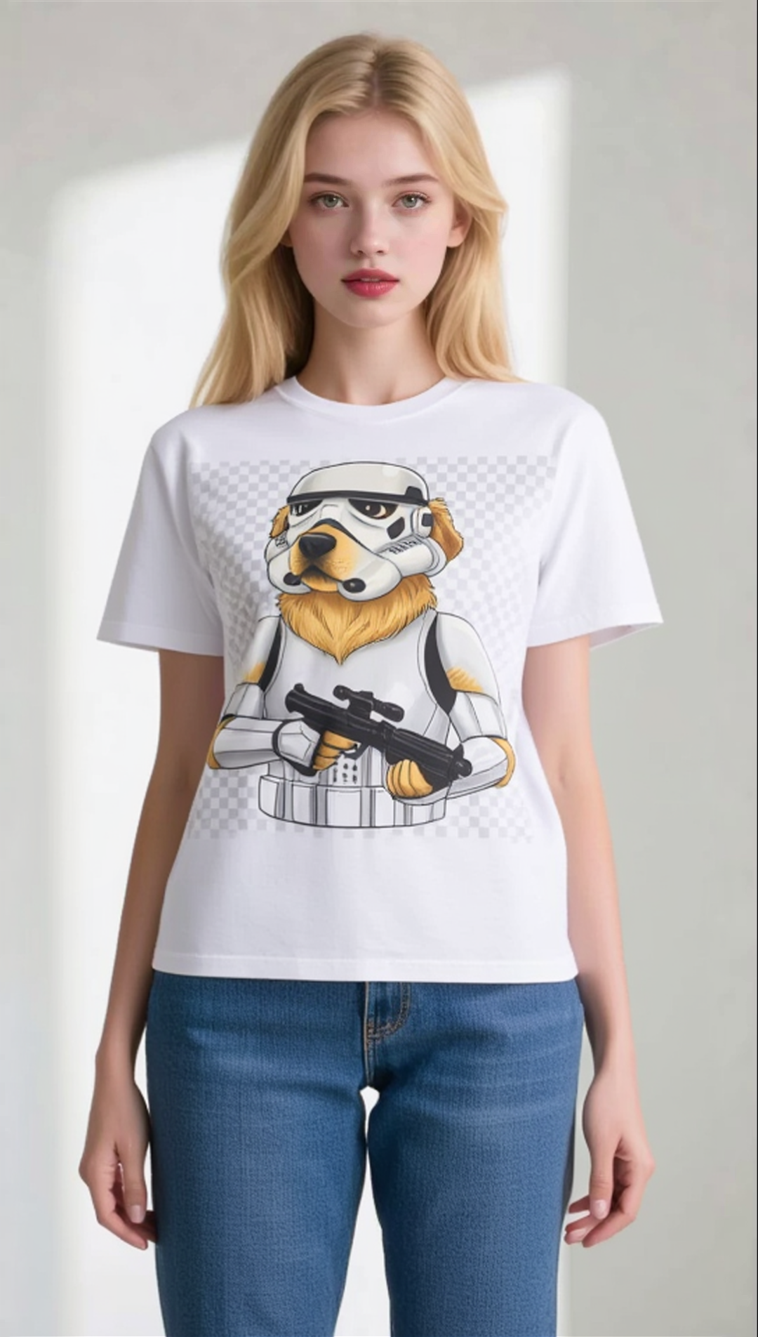 Funny golden retriever wearing a stormtrooper outfit on a white T-shirt, modeled by a woman with blonde hair.