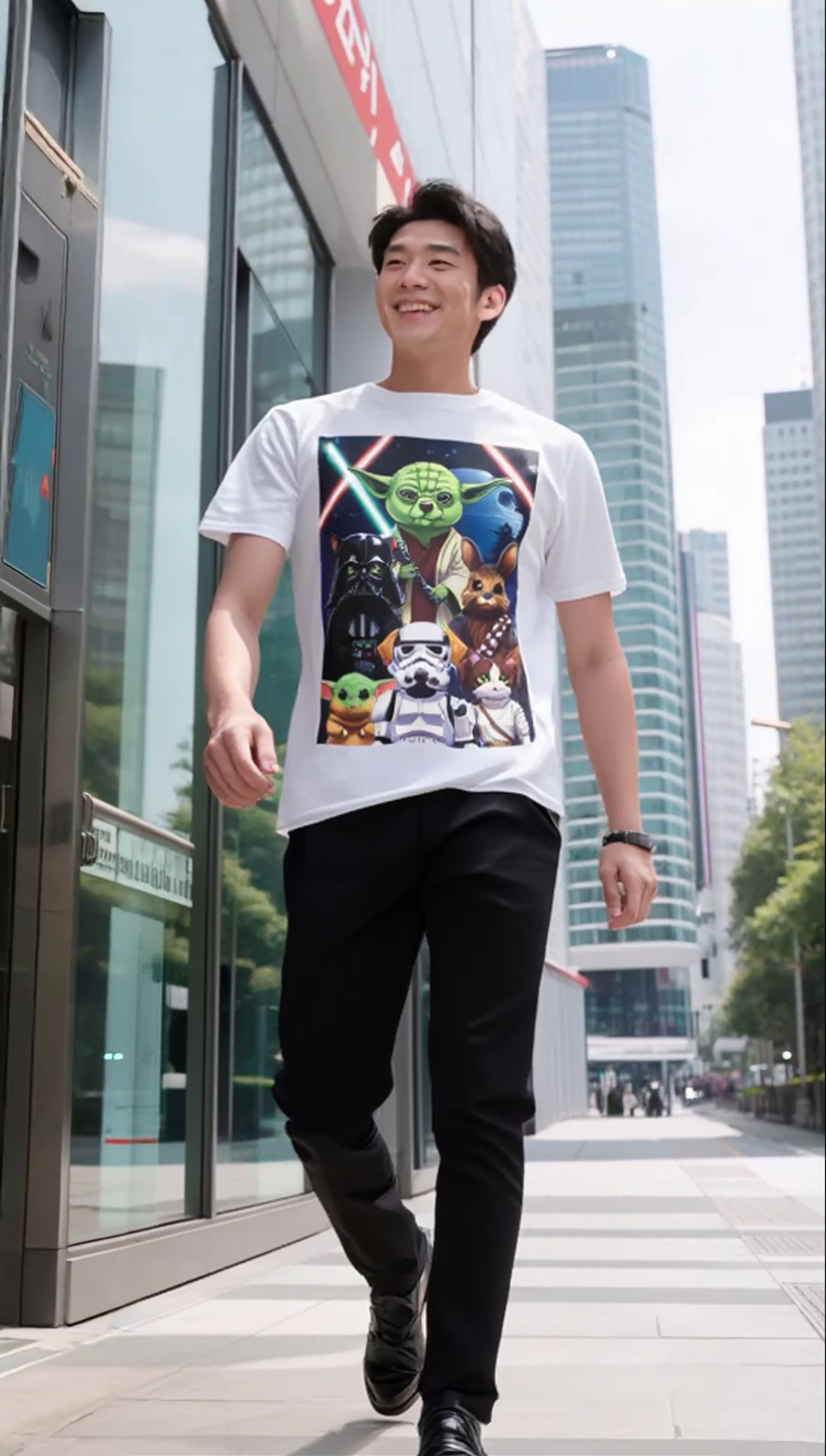 Star Wars Animal Mashup T-Shirt featuring Yoda as a corgi, Darth Vader as a cat, and Chewbacca as a bunny.