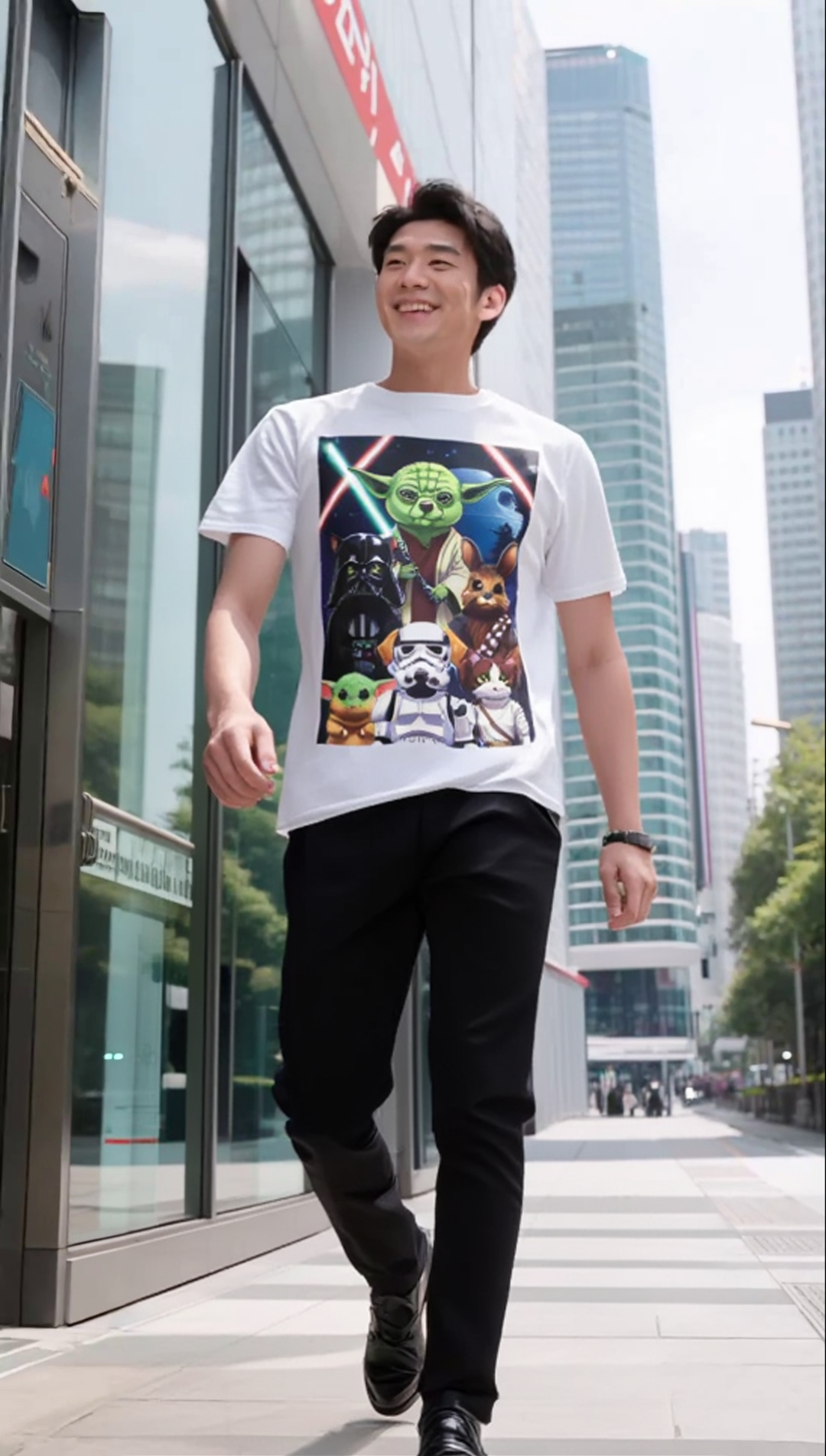 Star Wars Animal Mashup T-Shirt featuring Yoda as a corgi, Darth Vader as a cat, and Chewbacca as a bunny.