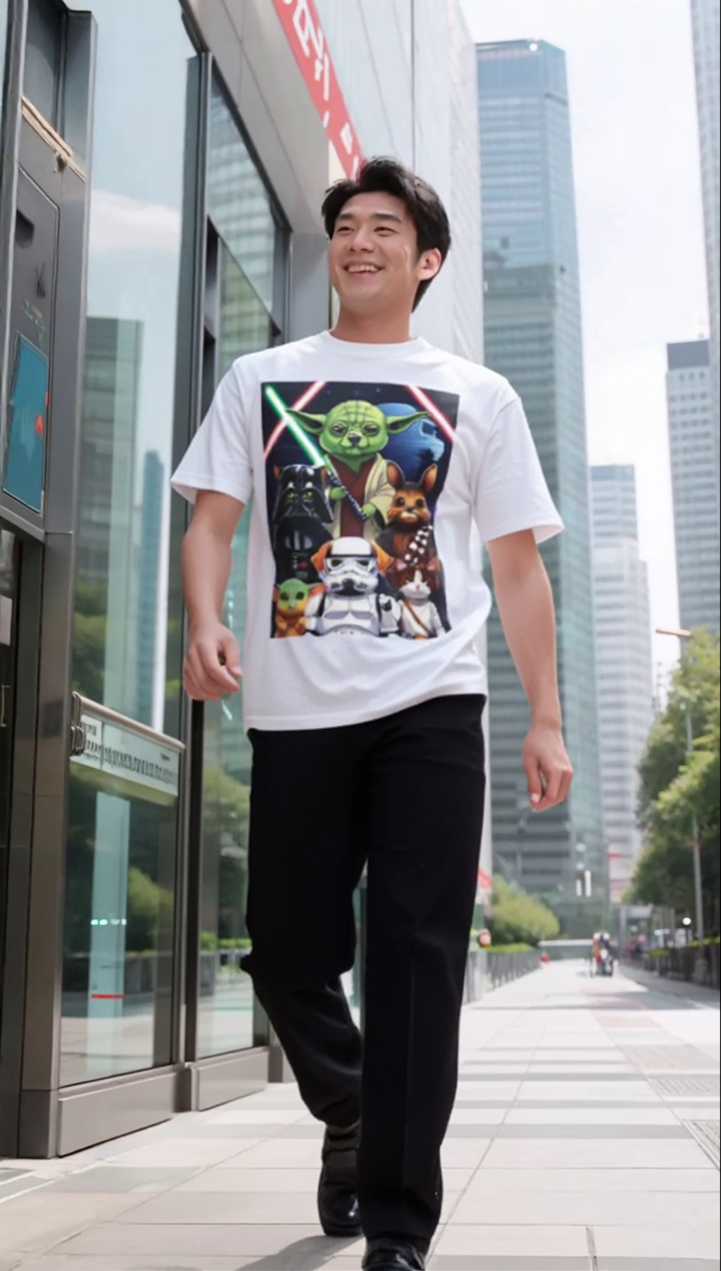 Star Wars Animal Mashup T-shirt featuring Yoda as a corgi, Vader as a cat, and Chewbacca as a bunny, worn by a model.