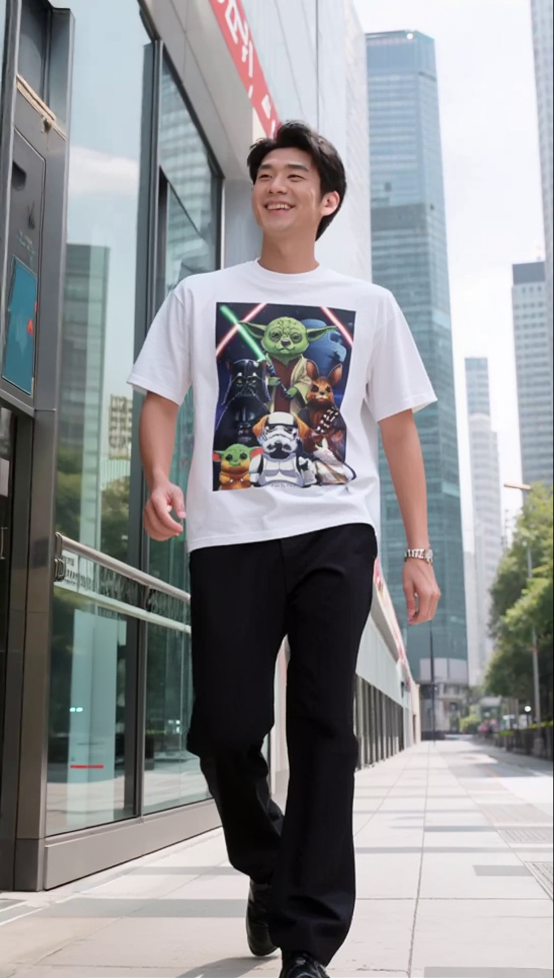 Star Wars Animal Mashup T-shirt featuring Yoda as a corgi, Vader as a cat, and Chewbacca as a bunny, worn by a model.