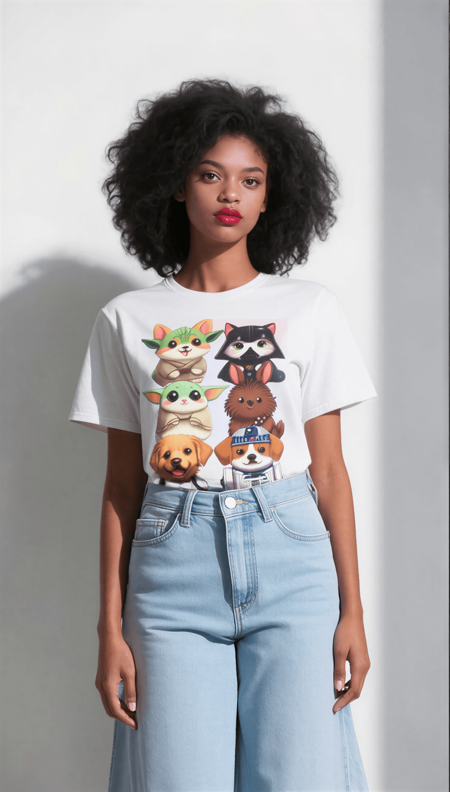 White t-shirt featuring cartoon pet designs, worn by a person with curly hair and light blue jeans against a plain backgro...