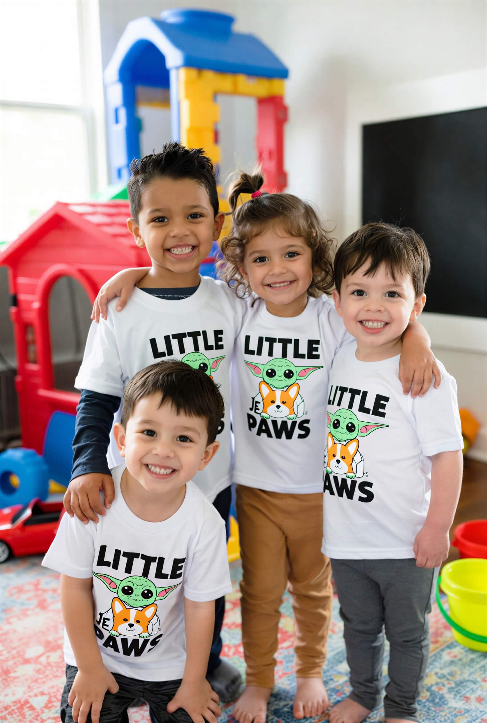 Four children wearing "Little Space Paws" toddler t-shirts with cartoon characters, standing in a playroom with toys.