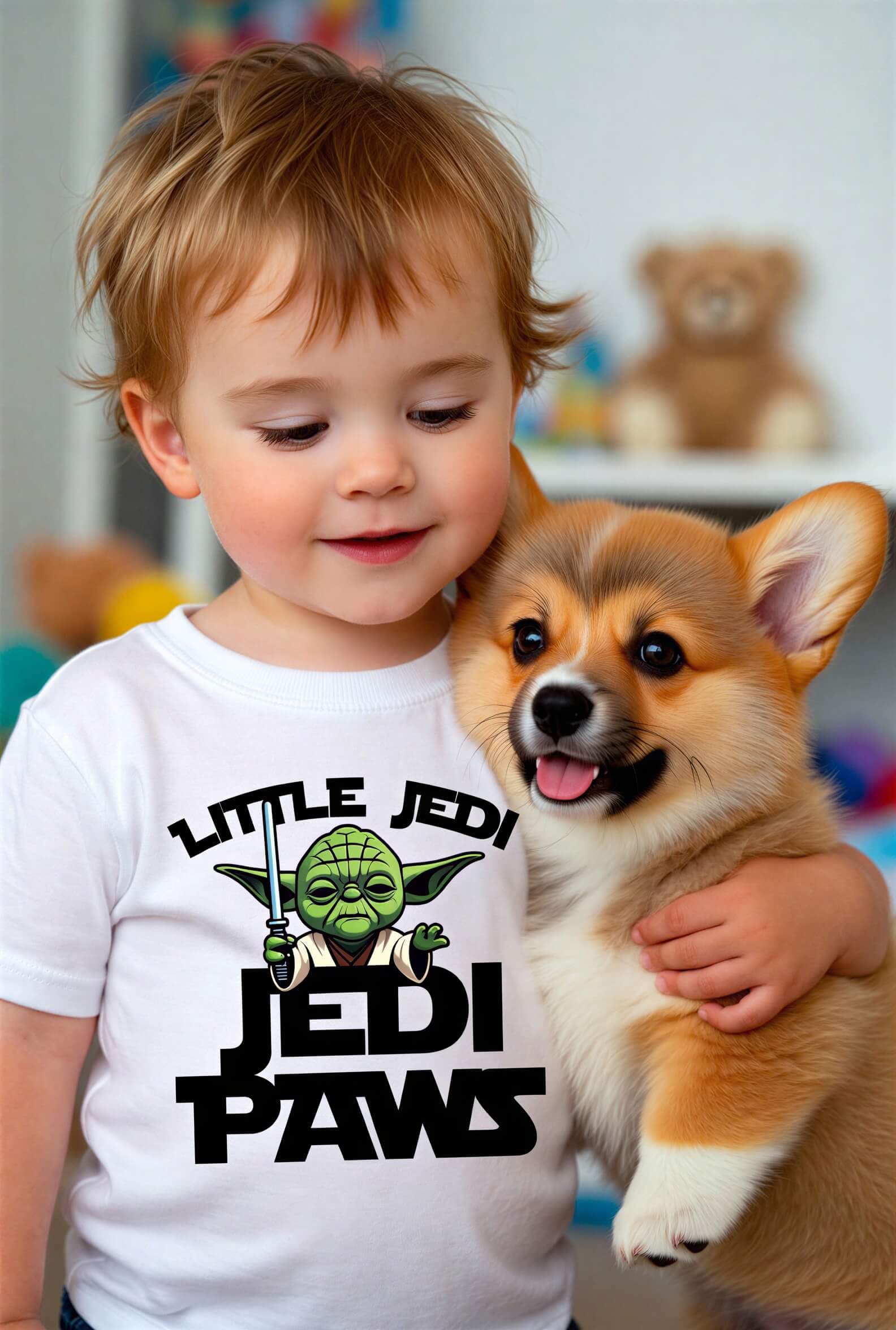 Toddler wearing a white t-shirt with a cartoon Yoda and text "Little Jedi Paws," holding a smiling corgi puppy.